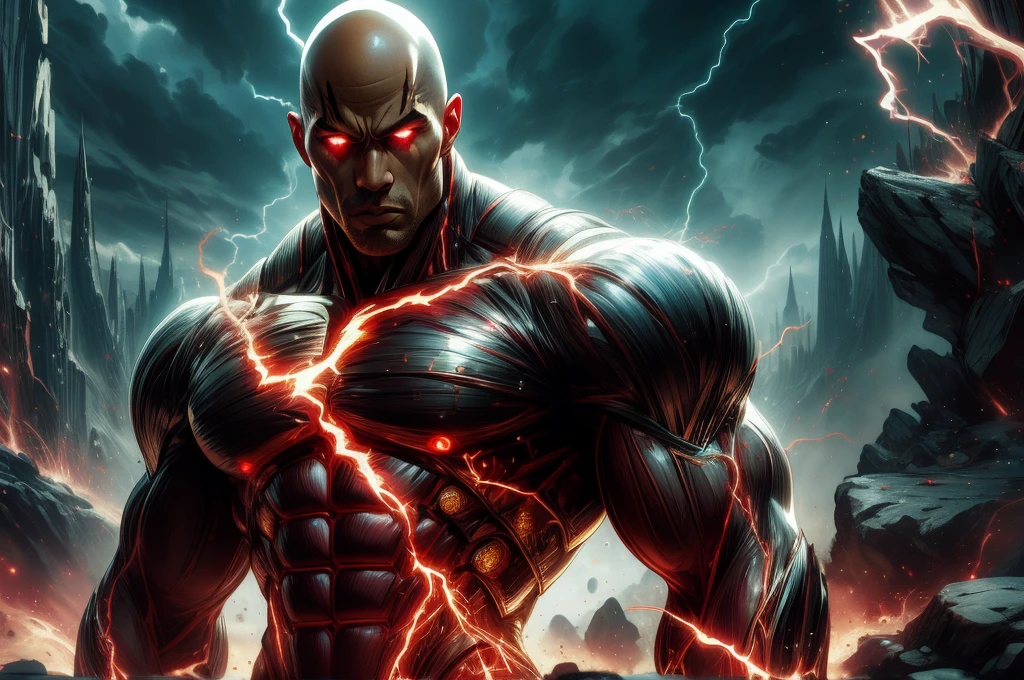 bald man dwayne johnson as Black Adam standing in front of a golden energy(Aesthetic, Hi-Res: 1.2), Get ready for a visual feast with Vegito 30 years old, solo,glowing lightning on the chest, brilliant tattoos, a creature with a handsome face and piercing golden eyes. In his transformed state, he radiates extreme instinct and power, creating an epic anime about this man of golden energy. See how he manipulates lightning in stunning anime artwork that will blow your mind. This concept art is straight from the Bleach Universe, with manga-style 8k wallpapers that will transport you to another dimension. Get ready to be amazed by this detailed piece of digital anime art, showcasing the ultimate combination of style and power.