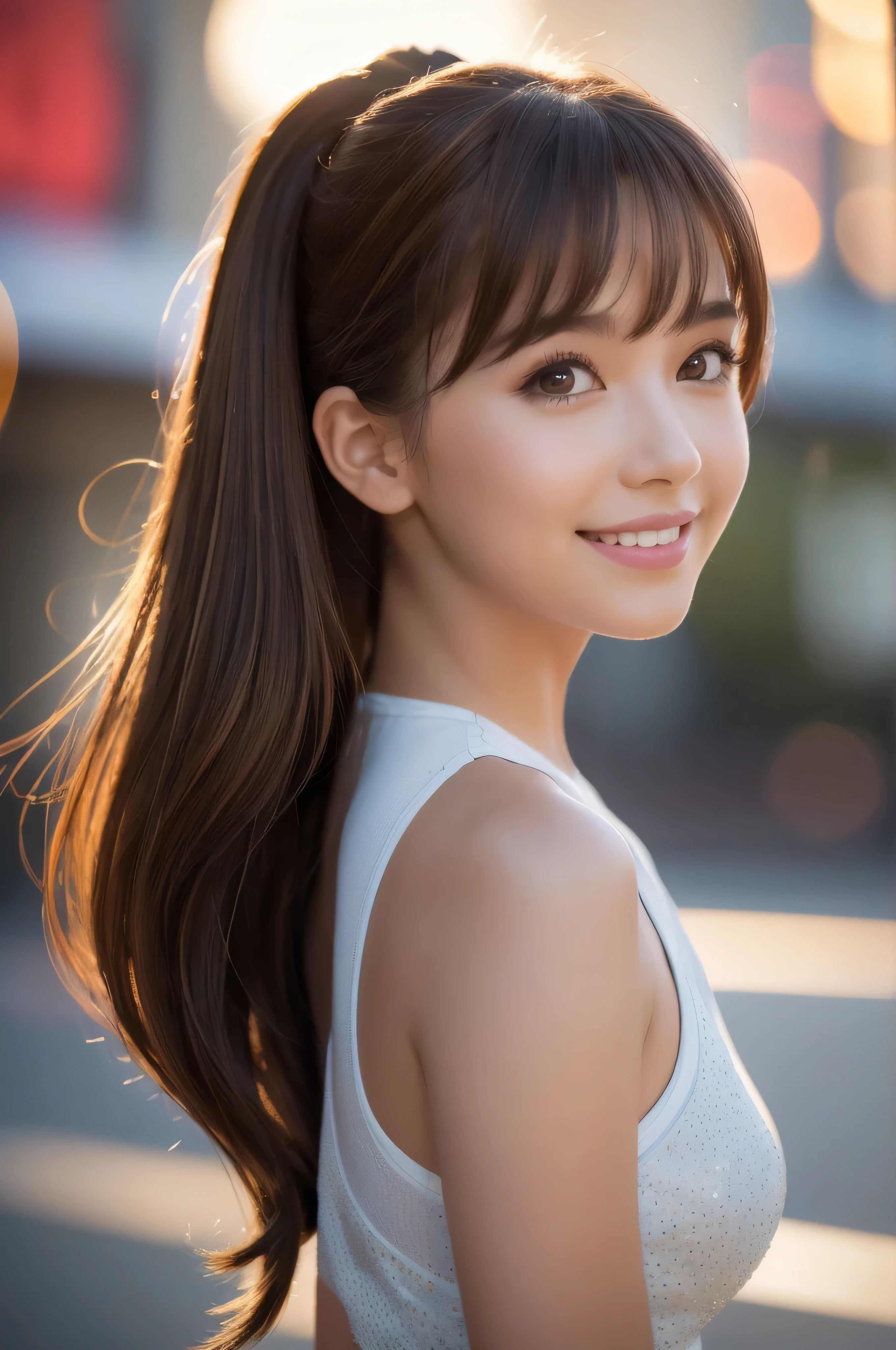 (8k, highest quality, masterpiece: 1.2), Super detailed, highest quality, Ultra-high resolution, Professional Lighting, Photon Mapping, Radio City, Physically Based Rendering, Cinema Lighting, Depth of written boundary, focus on, Sun rays, Good composition, (Bokeh: 1.2), 1 girl, (whole body), smile, Beautiful Eyes, Pause, narrow, Brown Hair, ponytail, Cheerleader,