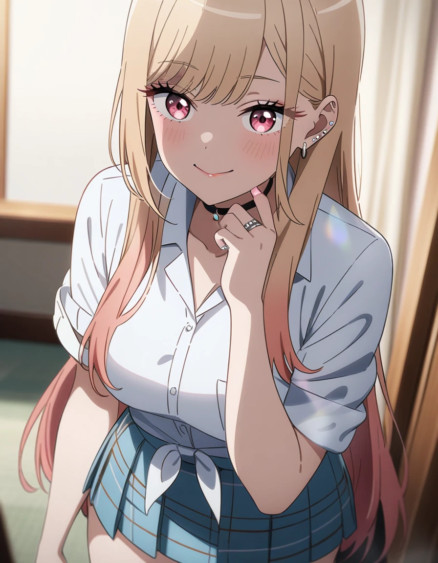 masterpiece, best quality, very aesthetic, absurdres, 1girl, kitagawa marin, sono bisque doll wa koi wo suru, light smile, (long eyelashes:1.2), white shirts, mini skirt, anime artwork, highly detailed, cowboy shot, looking at viewer