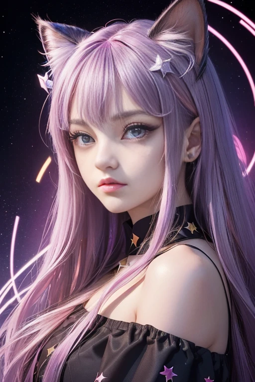 (masterpiece, best quality), ((1 Girl, (Become a) long hair), (Star-shaped pupil,  +_+, Symbol-shaped pupil, Bright Eyes), (Cat ears, Open your mouth)), (looking at the audience, A faint smile, Off-shoulder), (Abstract, Multicolored background, Abstract background, Chromatic Aberration),
