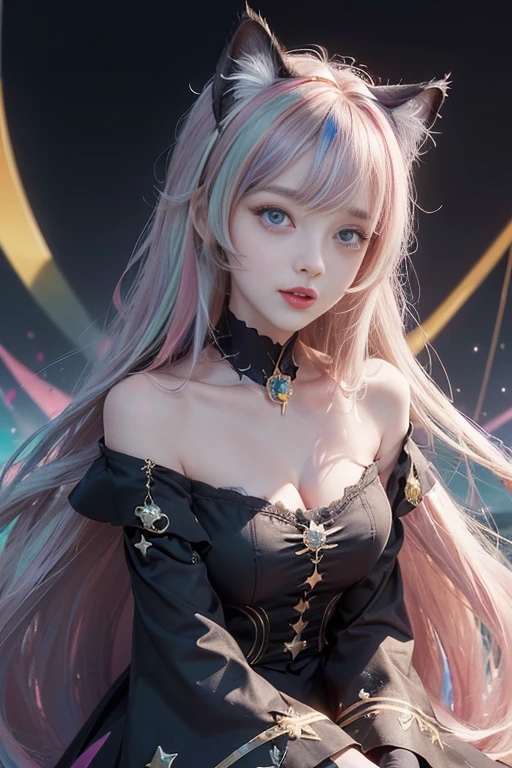 (masterpiece, best quality), ((1 Girl, (Become a) long hair), (Star-shaped pupil, +_+, Symbol-shaped pupil, Bright Eyes), (Cat ears, Open your mouth)), (looking at the audience, A faint smile, Off-shoulder), (Abstract, Multicolored background, Abstract background, Chromatic Aberration),