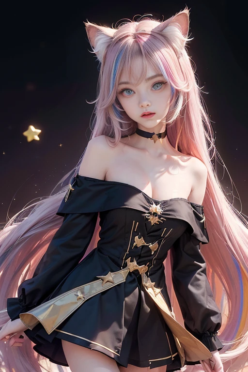(masterpiece, best quality), ((1 Girl, (Become a) long hair), (Star-shaped pupil,  +_+, Symbol-shaped pupil, Bright Eyes), (Cat ears, Open your mouth)), (looking at the audience, A faint smile, Off-shoulder), (Abstract, Multicolored background, Abstract background, Chromatic Aberration),