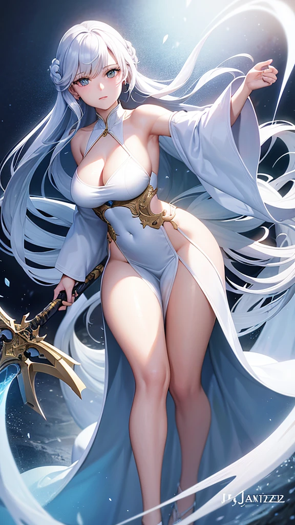 Close-up of a woman wearing a white dress and holding a sword, Portrait by Jan J., CGSociety Trends, Fantasy art, Beautiful character drawings, artwork in the style of Gweitz, Gweitz, White Hanfu, Flowing white robes, Full body martial arts, Magnificent and elaborate character art, Amazing character art, beautiful female assassin
