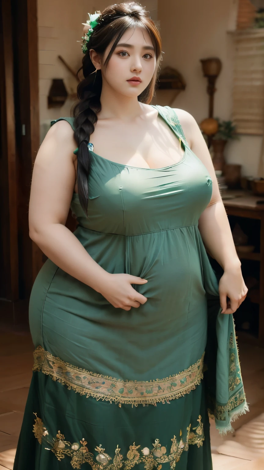 1girl, huge breast, black hair, green eyes,high quality, ultra detailed, masterpiece, realistic, gamis clothes,braid,standing, slightly fat arms , slightly fat belly
