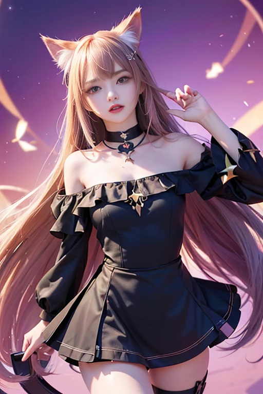 (masterpiece, best quality), ((1 Girl, (Become a) long hair), (Star-shaped pupil,  +_+, Symbol-shaped pupil, Bright Eyes), (Cat ears, Open your mouth)), (looking at the audience, A faint smile, Off-shoulder), (Abstract, Multicolored background, Abstract background, Chromatic Aberration),