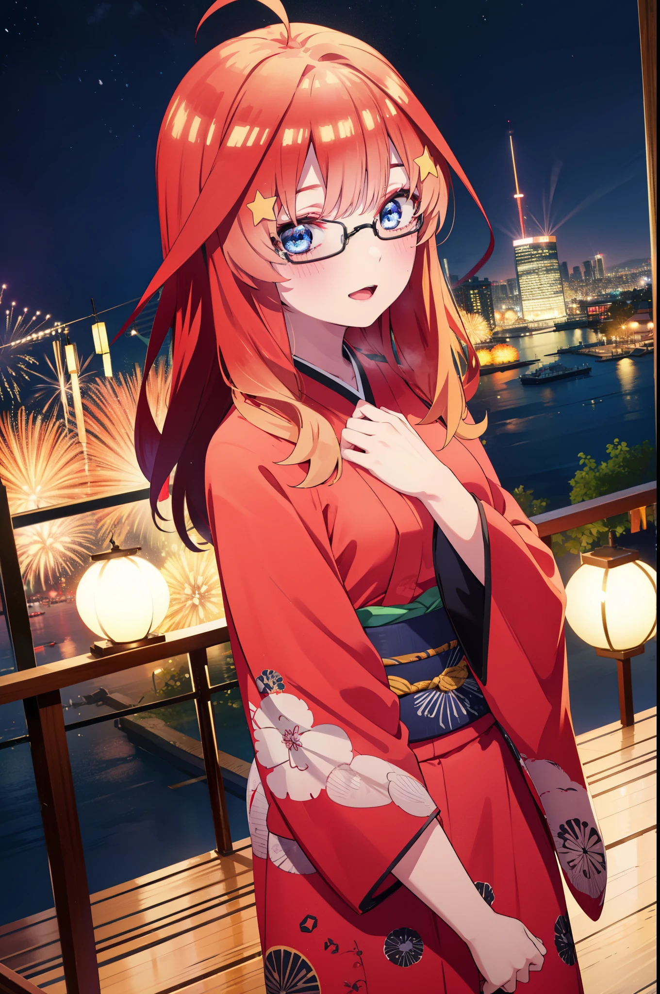itsukinakano, Itsuki Nakano, bangs, blue eyes, Hair between the eyes, Ahoge, Redhead, star \(symbol\), hair ornaments, star hair ornaments,Akagi Glasses,smile,blush,Happy atmosphere,Open your mouth,Long Hair,Tie your hair back,red kimono,,Thick sleeves,Sandals,White tabi,night空の花火,Fireworks display,Japanese Festivals,Summer festival food stalls,Red Lantern, night,whole bodyがイラストに入るように,Looking down from above,
break outdoors, shrine,                                              break looking at viewer,whole body,
break (masterpiece:1.2), highest quality, High resolution, unity 8k wallpaper, (shape:0.8), (Beautiful and beautiful eyes:1.6), Highly detailed face, Perfect lighting, Highly detailed CG, (Perfect hands, Perfect Anatomy),