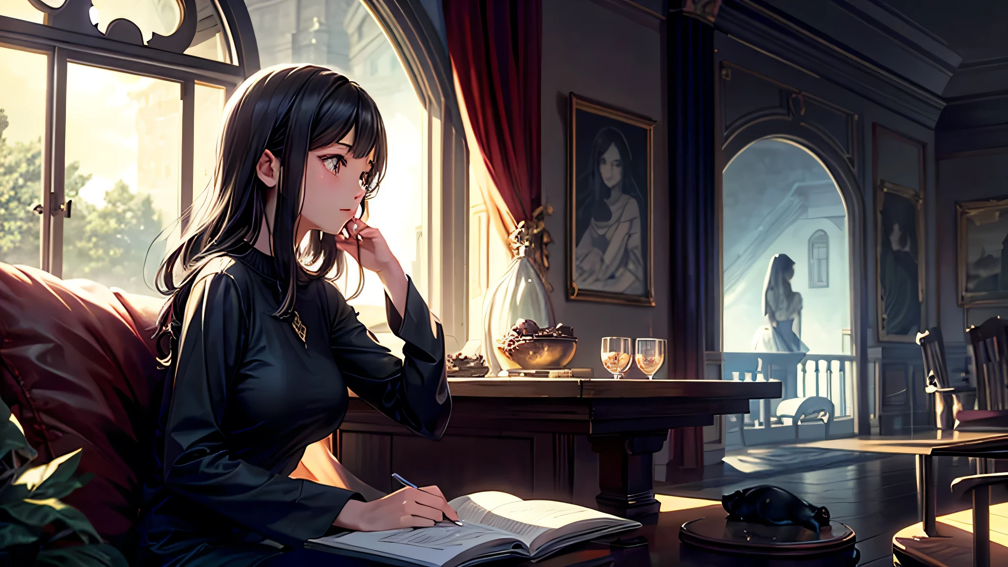 alone, Singular light, woman, midnight, face seen from the side, sideways, cosmic, fantsy, looking away:1.4, adult, busty, Ghibli-like design, living room, sitting, dark hair, studying, Completely, landscape orientation, side view, 