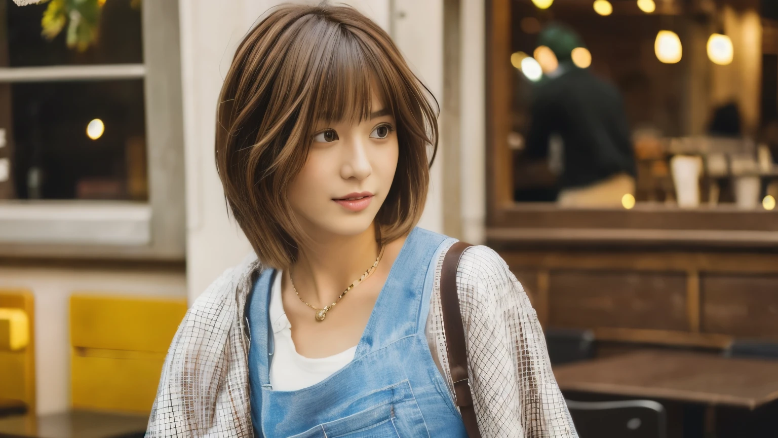 super high quality, Fashion Model, short hair, thin, (8k、RAW Photos、highest quality、masterpiece:1.2), Japanese Idols, Serious expression, Shaggy, Brown Hair, Stylish cafe, Fashion magazine shooting, People having fun at cafe々々々Lively., (Realistic、Realistic:1.37), Beautiful Face , Normal chest, Urban Cafe, A gentle gaze, Spring Clothes, appropriate clothing, 