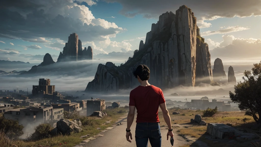 a boy with black hair, wearing a red shirt and jeans, looking at a huge rock on a long path, abandoned city buildings, sunny morning, realistic, photorealistic, 8k, extremely detailed, cinematic lighting, vibrant colors, dramatic lighting, fantasy landscape, moody atmosphere, volumetric fog, intricate details