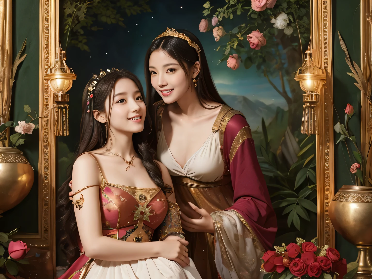 Giorgione painting style,Arguments of two female Philosophe,math、astronomical machine、astronaut、roses in vase、fruits、Cute trinkets、smile、ancient greek costume、Background is a forest lake at night 、Clothes that stretch your shoulders、A big smile、beautiful bare skin、A detailed representation of the seducing woman throughout her body.
