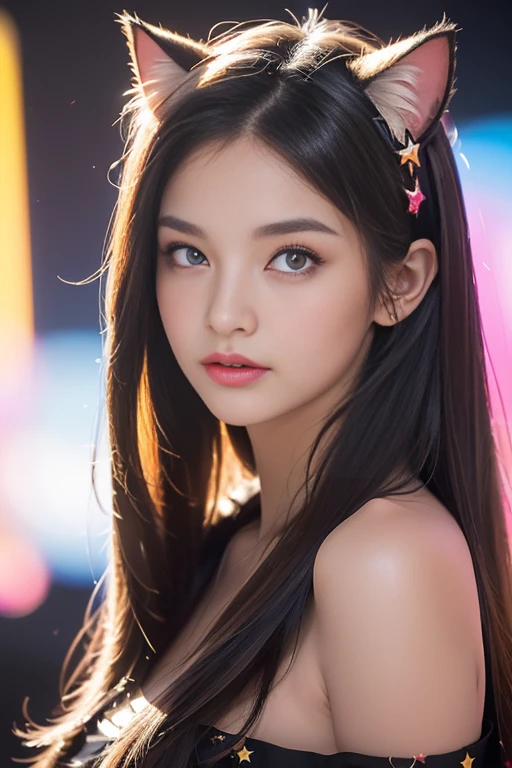 (masterpiece, best quality), ((1 Girl, (Become a) long hair), (Star-shaped pupil, +_+, Symbol-shaped pupil, Bright Eyes), (Cat ears, Open your mouth)), (looking at the audience, A faint smile, Off-shoulder), (Abstract, Multicolored background, Abstract background, Chromatic Aberration),