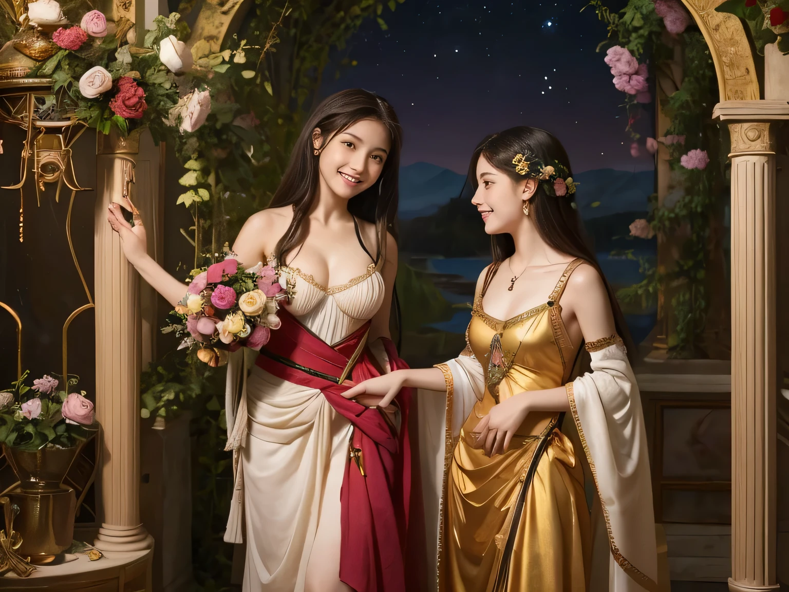 Giorgione painting style,Arguments of two female Philosophe,math、astronomical machine、astronaut、roses in vase、fruits、Cute trinkets、smile、ancient greek costume、Background is a forest lake at night 、Clothes that stretch your shoulders、A big smile、beautiful bare skin、A detailed representation of the seducing woman throughout her body.sexy