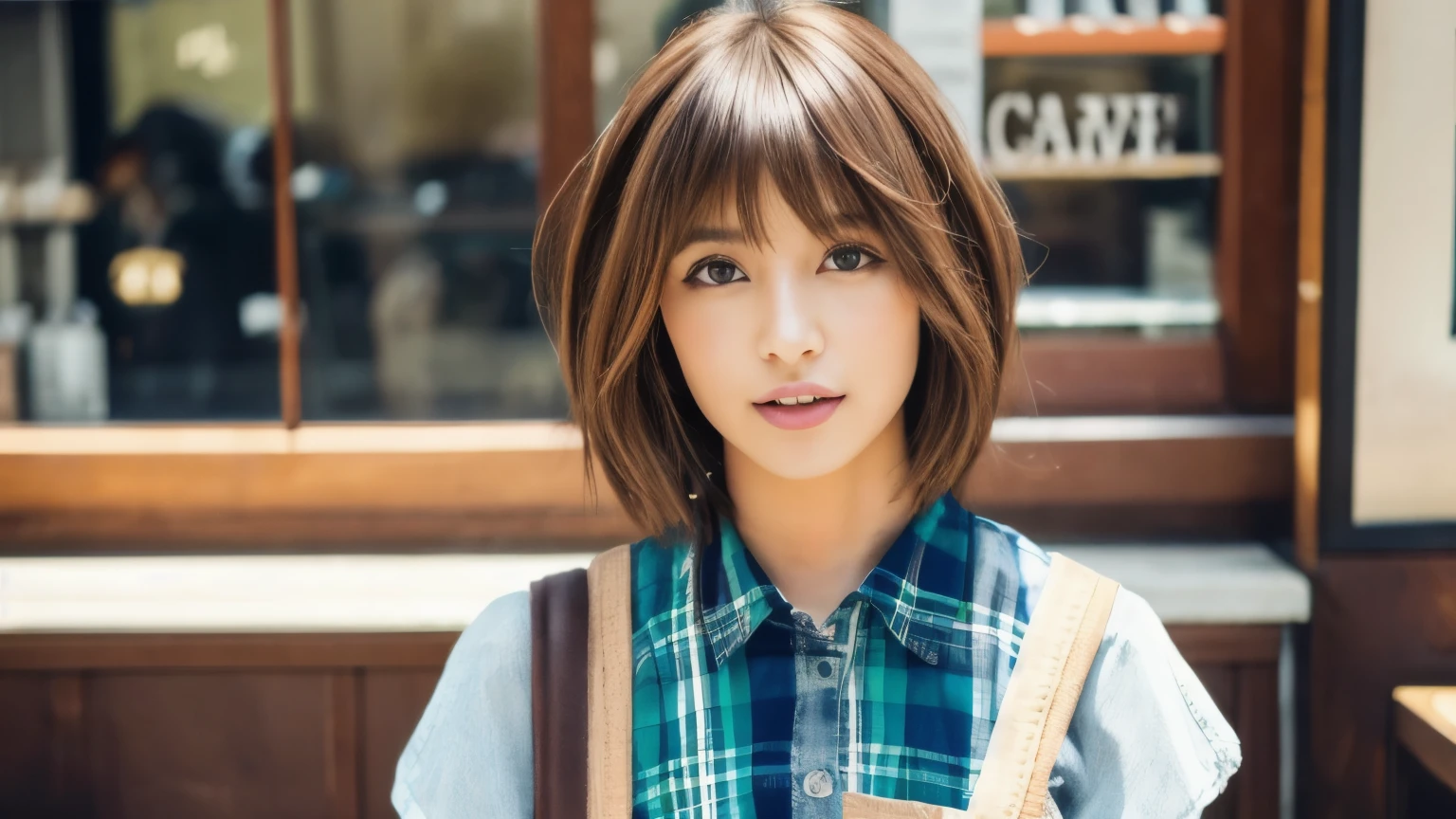 super high quality, Fashion Model, short hair, thin, (8k、RAW Photos、highest quality、masterpiece:1.2), Japanese Idols, Serious expression, Shaggy, Brown Hair, Stylish cafe, Fashion magazine shooting, People having fun at cafe々々々Lively., (Realistic、Realistic:1.37), Beautiful Face , Normal chest, Urban Cafe, A gentle gaze, Spring Clothes, appropriate clothing,