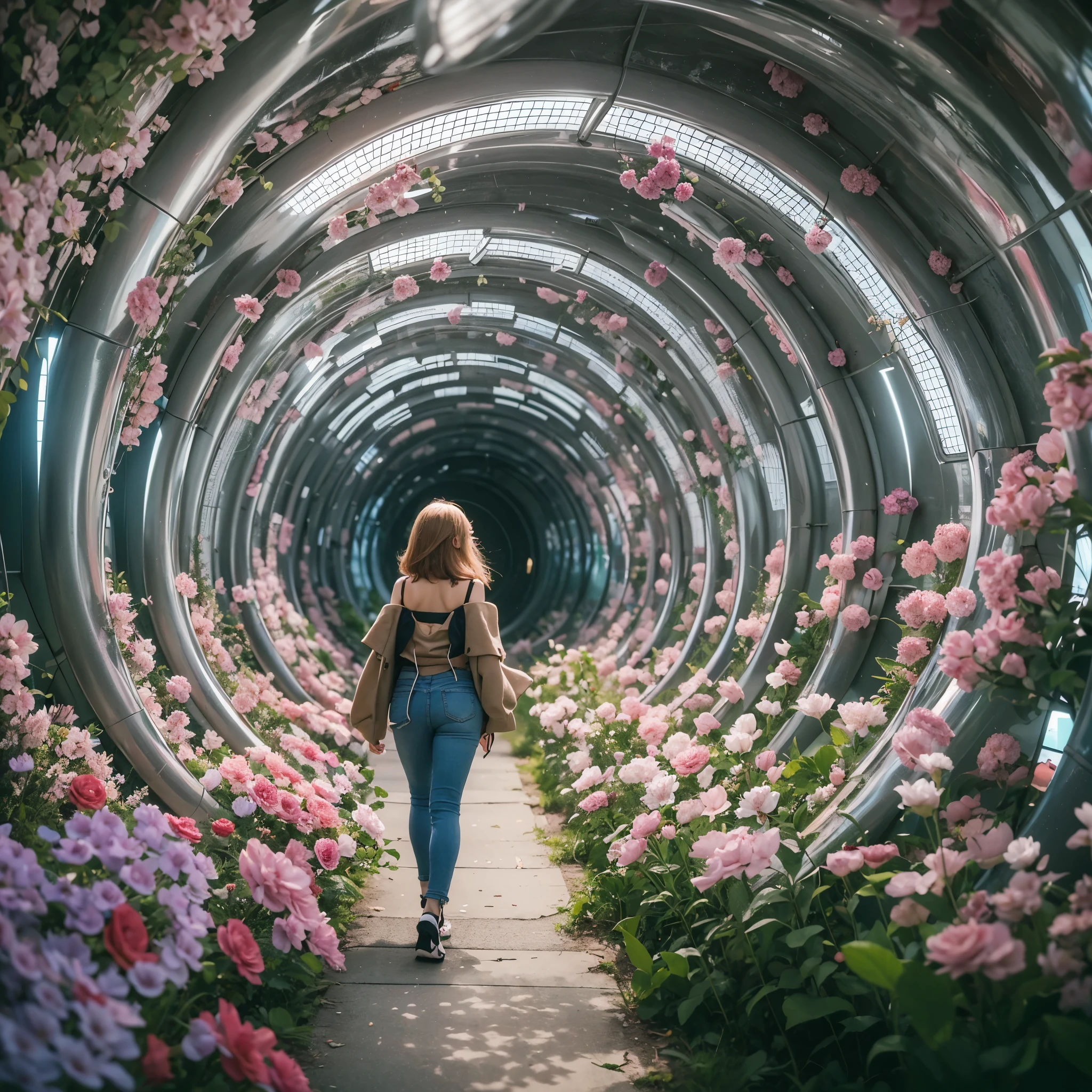 Best quality,masterpiece,16k,In the curved tunnel,A tunnel surrounded by flowers,Futuristic,Future Technology Tunnel,Complex structure,1girl,Dynamic poses,Looking at the camera,Girl being chased by monster