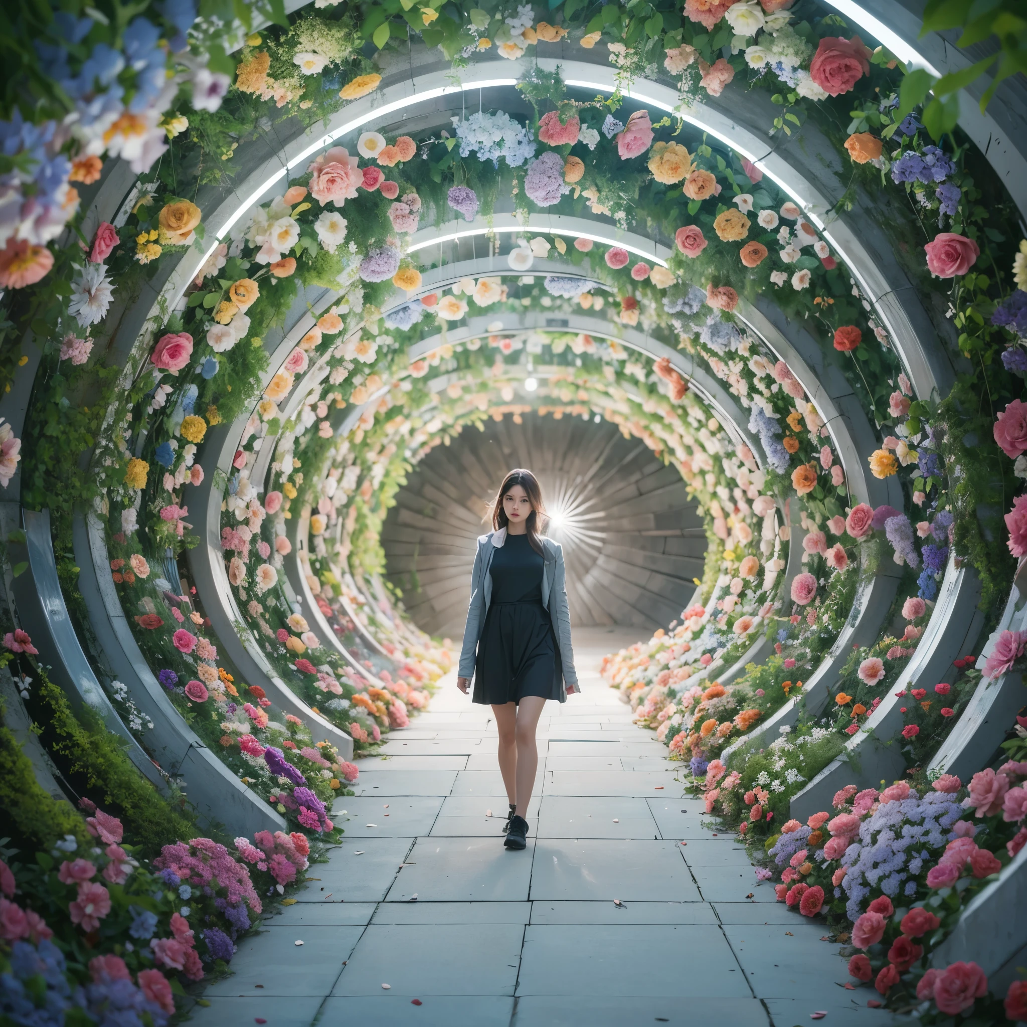 Best quality，masterpiece，16k,In the curved tunnel，A tunnel surrounded by flowers，Futuristic，Future Technology Tunnel，Complex structure，1girl，Dynamic poses，Looking at the camera，Girl being chased by monster