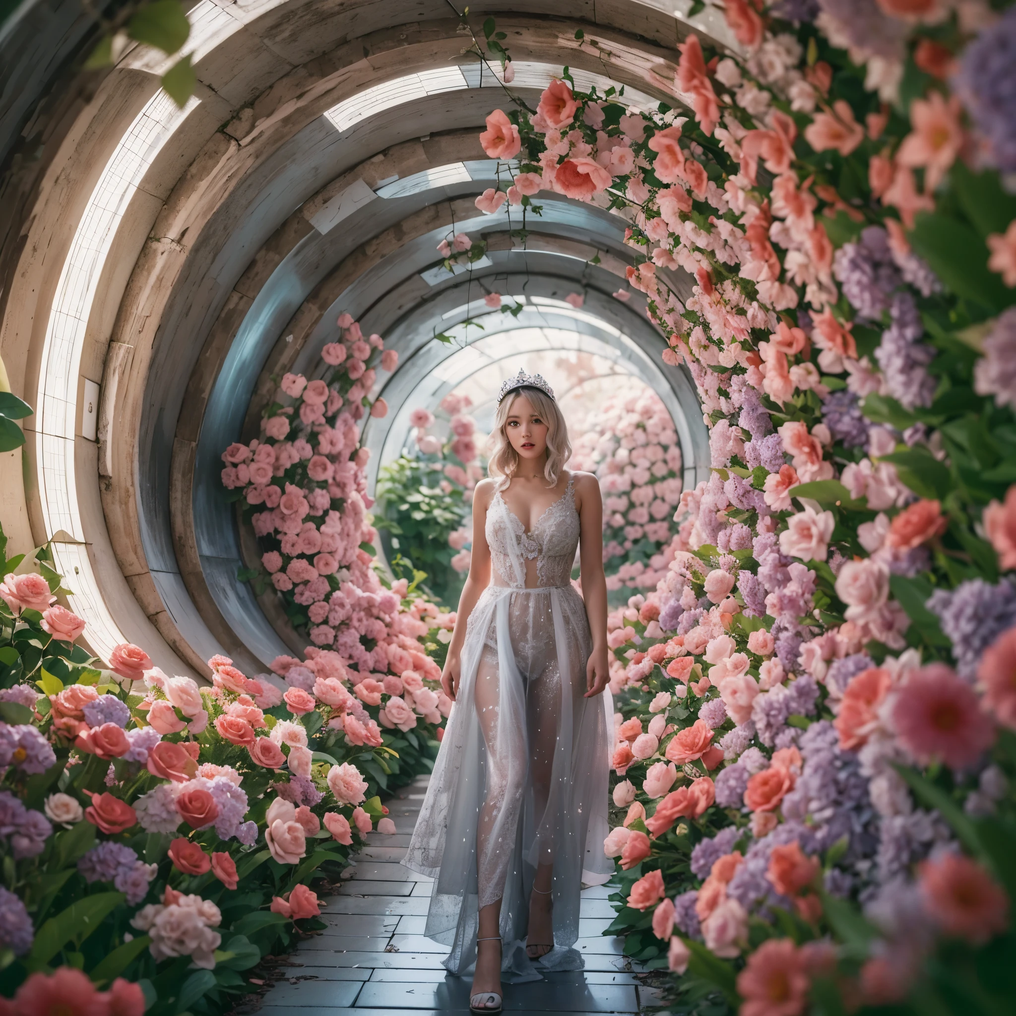 Best quality，masterpiece，16k,In the curved tunnel，A tunnel surrounded by flowers，Futuristic，Future Technology Tunnel，Complex structure，1girl，Dynamic poses，Looking at the camera，Girl being chased by monster