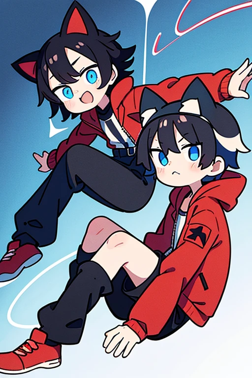 Cat ear Goggles on head Black Hair Light blue eyes Hair is a place々Bouncing Short Hair boy Red Jacket Sleeves flare out from the shoulders to the wrists Knee-length trousers Black trousers The jacket is red Laughing with mouth open