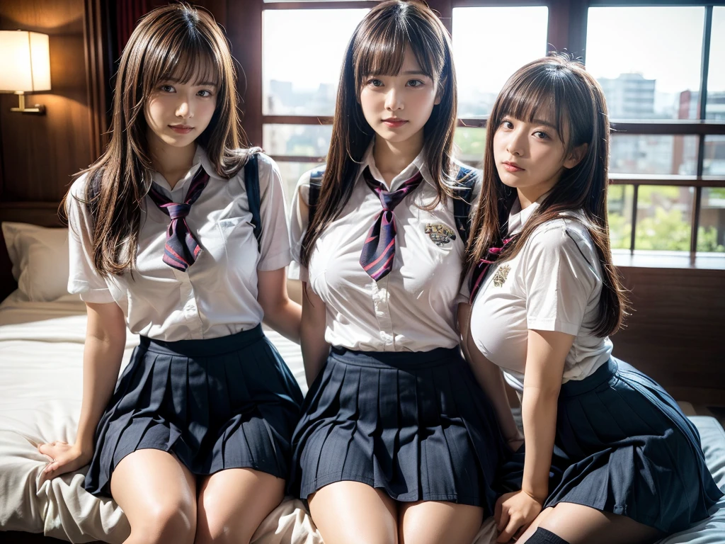 (RAW photo, 4k, masterpiece, high resolution, extremely complex) (realistic: 1.4), cinematic lighting
((2 girls, 2 schoolgirls)),Slam Dunk's,blushing,((innocent)),(Dark makeup),bright eyes,round eyes,blunt bangs,(straight hair:1.3),black hair,large breasts,wide hips,Summer Noon, 20 year old girl、cute type、ta,Hot, (Best Quality), (Highres), (an Extremely Delicate and Beautiful),(Beautiful 8k face),(Brown eyes),short bob hair,( spectators),(gigantic breasts),(Play with each other,Touching each other's bodies,Touching the body),(Japanese high school uniform:1.3),blue skirt,(reality),bright lighting,(The background is a luxury hotel room)
