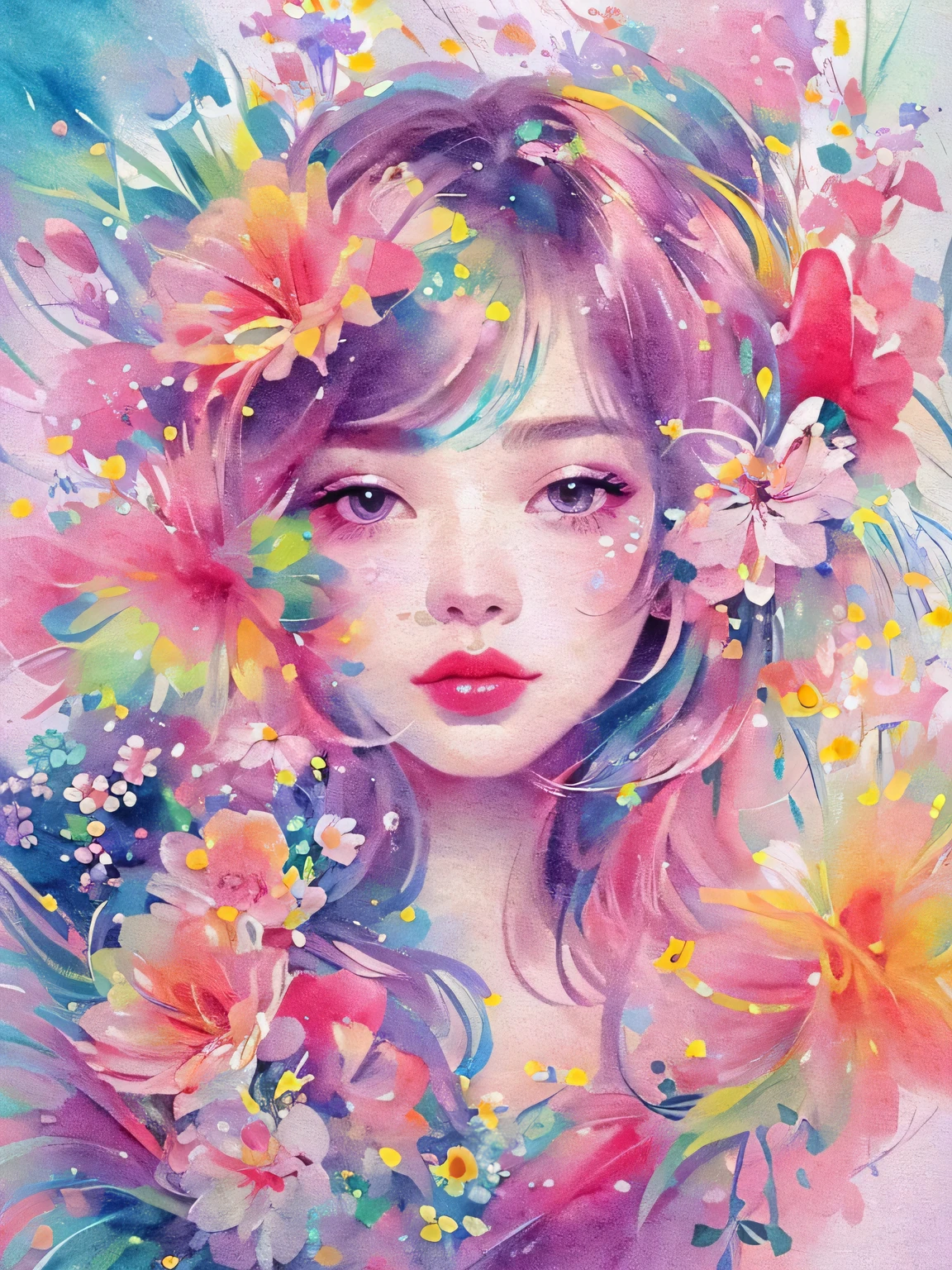 Momoko Sakura style、(((stylish fashion))), 8K Quality、Intense watercolor, Detailed watercolor art, Watercolor splash, Surreal, avant-garde pop art, Beautiful and expressive paintings, Beautiful artwork illustration, Very colorful tones, wonderful, Cool beauty, highest quality、Official Art, Vector art, Stylish design, (((The most beautiful girl))), (((highest quality))), HDR, ((detailed)), (((Doodle Art)), ((masterpiece)), ((Super detailed)), (((Colorful flowers))),(((Stylish))), Lips in Love