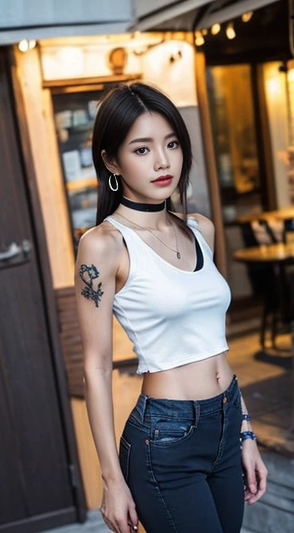 8a Masterpiece, best quality, realistic, very detailed, 1 female model, slim figure, healthy figure, dark skin, looks at the viewer, short shirt, tank top. (Torn shirt) Open the belly wide , Reveal a high belly , micro mini jeans , low waist pants , thigh highสุด, Broken short legs... , Reveal beautiful skin , thigh high , (Torn clothes) , movie lights , Face Focus , Good eyes , Detailed pages , Bright face ...... during the day choker:1.4、necklace:1.4、earring:1.4、Outdoor motel coffee shop in the background. Low angle shot. View from below. Beautiful tattoos. Small belly cake. Big breasts.
