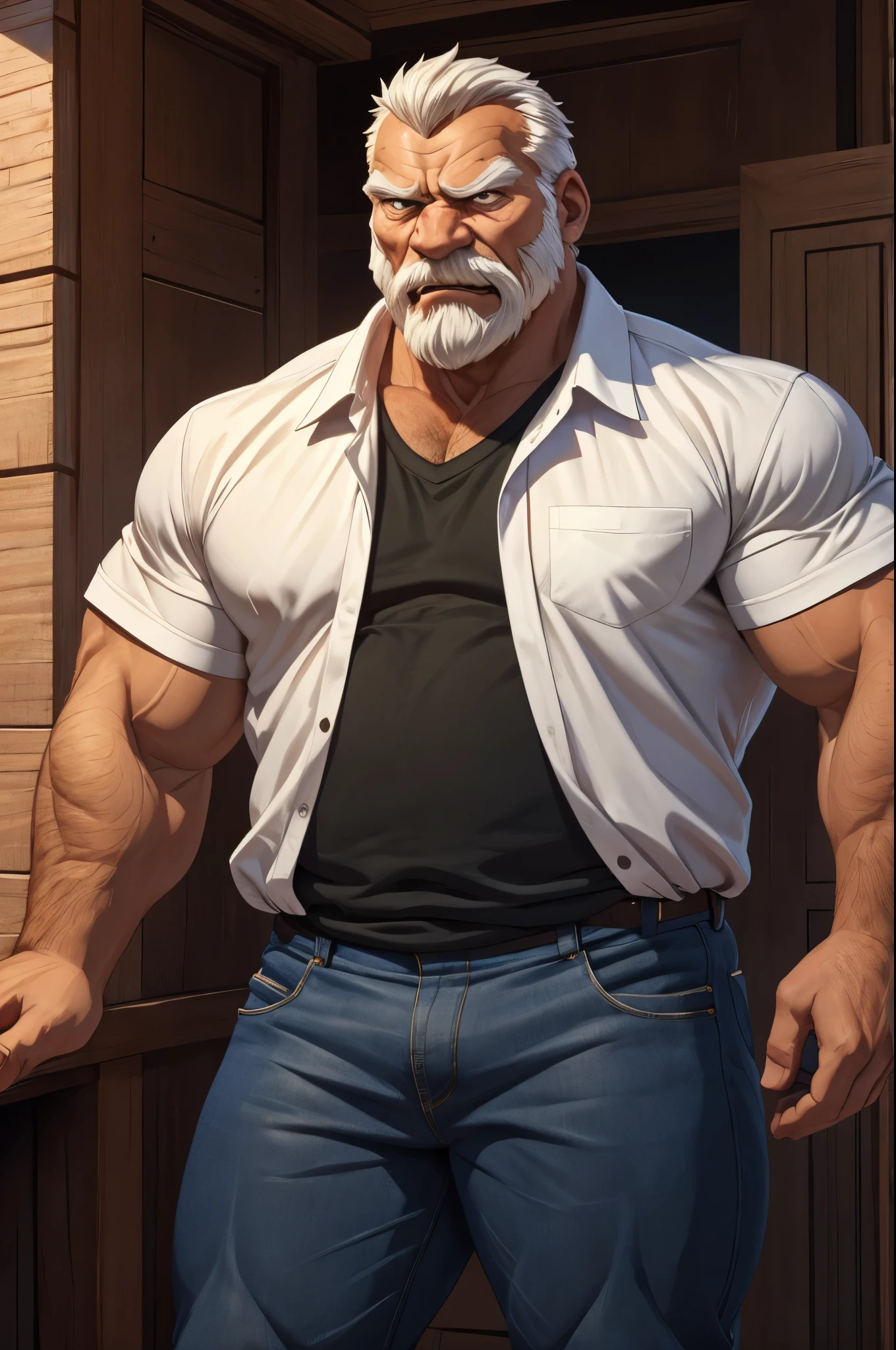 Create an 8K cartoon of an angry, full-body, well-muscled old man in a white shirt. Make sure the resulting image has a cartoonish look, with vibrant colors and smooth edges. Add details to give the old man an angry look, such as furrowed brows and a tight mouth. Make sure that the black shirt striped with white is an important element of the image, and add details to make it attractive and interesting. Add textures and details to make the image more realistic, such as the appearance of the shirt texture and the appearance of the skin. Make sure the resulting image is high resolution, 8K quality."