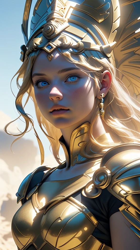 A gorgeous woman in golden armor, Athena, the Greek goddess, detailed face and eyes, hyperrealistic, masterpiece, cinematic lighting, volumetric fog, epic fantasy, highly detailed, 8k, photorealistic