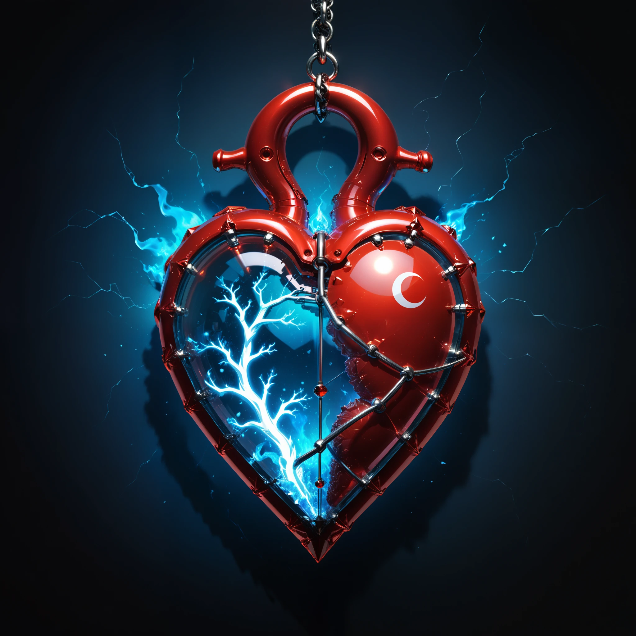 in style of John Bauer,(in style of by Liu Ye:0.9),
conceptual design of the transparent glass human heart (organ),(a glowing glass heart (organ) entangle in a metal chain and lightning bolt:1.3),(hard ultra-polyhedra polygonal heart \(organ\) sculpturecloseup:1.4),(Rose Quartz:1.3),(blue fire draws lines:1.6),(Chemiluminescence:1.2),
(the red crescent moon background:1.6),sharp,sharp image,(insanely detailed and intricate, hypermaximalist, elegant, ornate, hyper realistic, super detailed:1.1),extremely detailed,Amazing resolution,8k,Ray Tracing,masterpiece,Particle Effects,Beautiful Effects,
BREAK
(darkness:1.4),(extreme shadows:1.4),(Best Shadow:1.4),dark atmosphere,