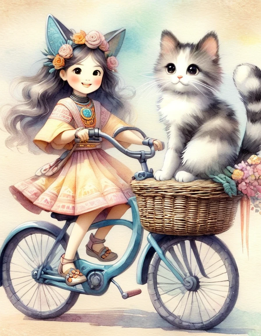 in style of Aztec Empire period , roboto character, Young girl with a cat, young girl with a cat, a woman with long flowing hair riding a bicycle with a cute smiling cat in the basket, she holds out her arms with a happy expression, illustration style, best details, crayon, pastel, matte, risque, grainy texture, diffuse gradient, blurred edges, rough textured watercolor paper