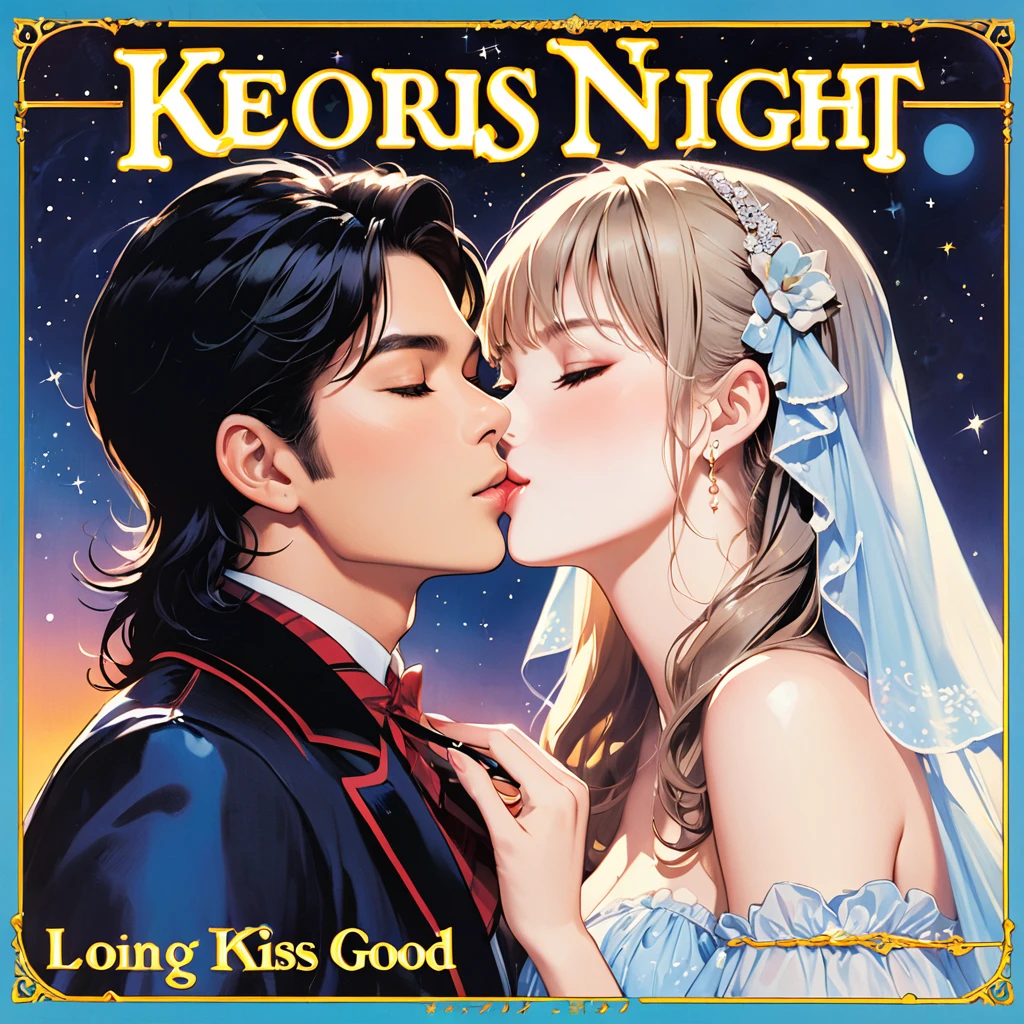 (record cover art),record title of "long kiss good night",detailed face,