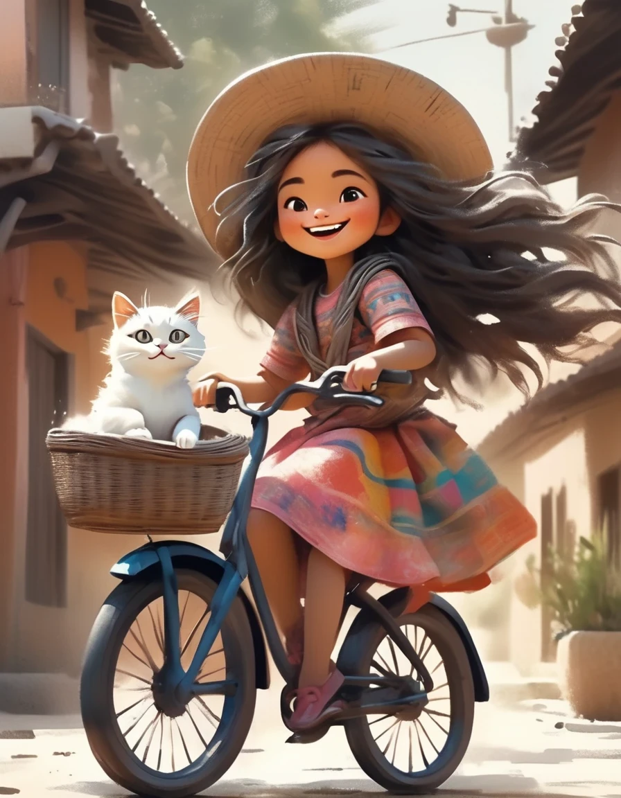 in style of Aztec Empire period , roboto character, Young girl with a cat, young girl with a cat, a woman with long flowing hair riding a bicycle with a cute smiling cat in the basket, she holds out her arms with a happy expression, illustration style, best details, crayon, pastel, matte, risque, grainy texture, diffuse gradient, blurred edges, rough textured watercolor paper