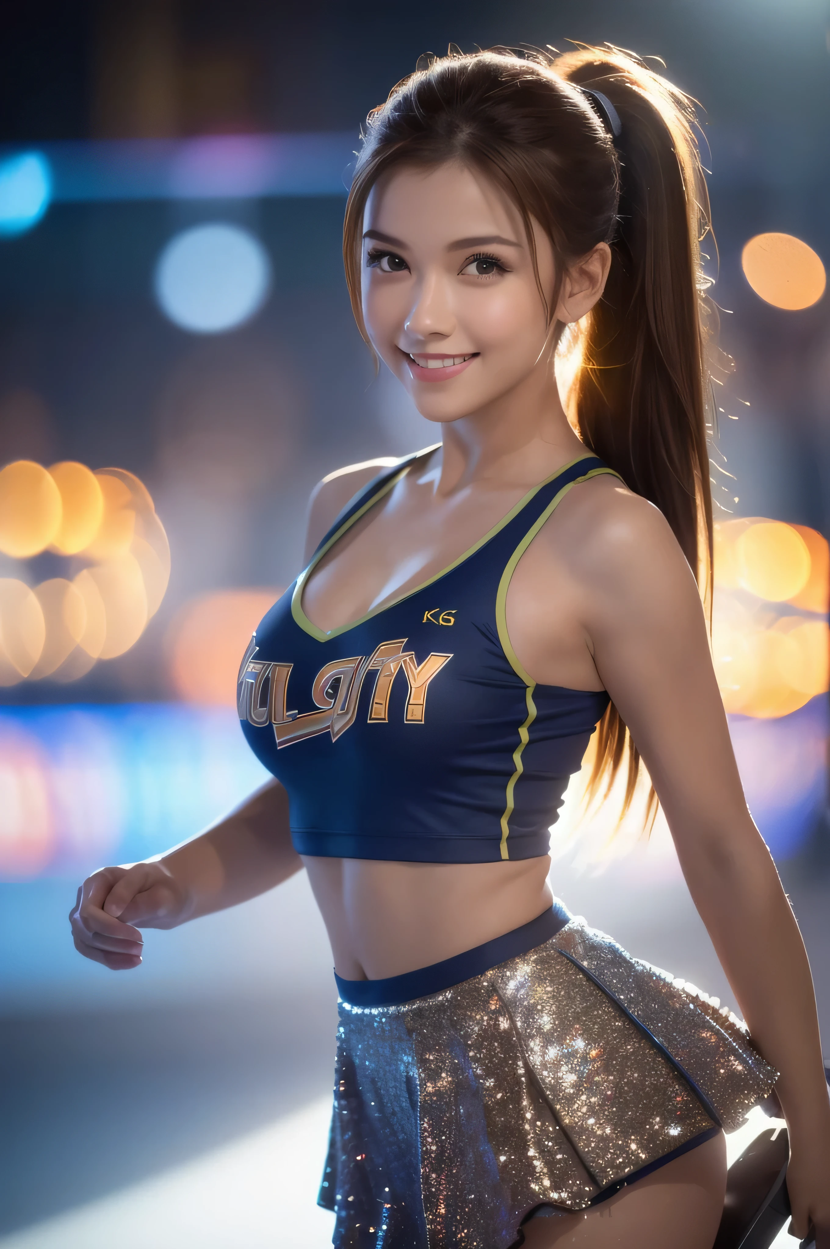(8k, highest quality, masterpiece: 1.2), Super detailed, highest quality, Ultra-high resolution, Professional Lighting, Photon Mapping, Radio City, Physically Based Rendering, Cinema Lighting, Depth of written boundary, focus on, Sun rays, Good composition, (Bokeh: 1.2), 1 girl, (whole body), smile, Beautiful Eyes, Pause, narrow, Brown Hair, ponytail, Cheerleader,