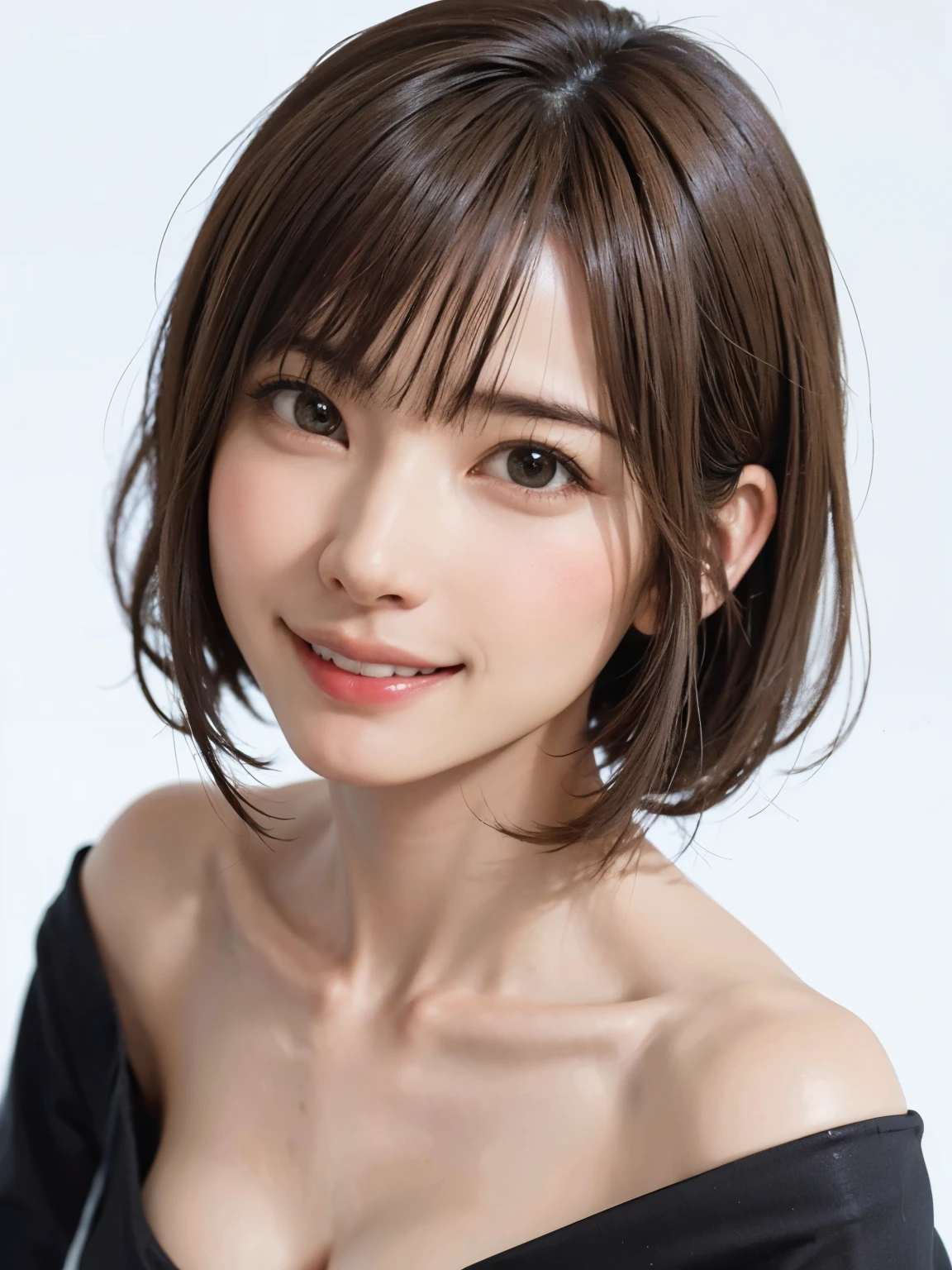1 girl, alone, Beautiful Skin, very detaileded, ultra detaileded, Ultra-high resolution, (Photorealism:1.4), (highest quality), (Best Shadow), detailed, Perfect lighting, Black Hair:2, ((Showpiece, highest quality, High precision)), One Girl, (Realistic: 1.4), (look up at the camera even a little, カメラをlook up, look up, look up at the camera, Looking into the camera))), alone, White Background, snow-White Background, shut up., smile, pretty Black Hair:2, short hair:1.6, Big eyes, Beautiful double eyelids, eyelash, listen, Long neck, 美しいLong neck, Absolute area, ((Face close-up, short hair with bangs、Short Bob Hair:1.5、Off the shoulder)), 19 years old, Attractive proportions, Shiny skin, Beautiful clavicle, Golden ratio face, Perfect Face, Teardrop-shaped mole, Mole on chest, bangs, clean bangs, beautiful bangs, Lip gloss, Thin lips, White skin, I took off my clothes, Small face, Small face, 少し上を向いてLooking into the camera, ((smile a little for the camera, Beautiful background with vibrant paint, Listen carefully, big 胸、Dynamic Angle:1.5、Workplace Safety:2))