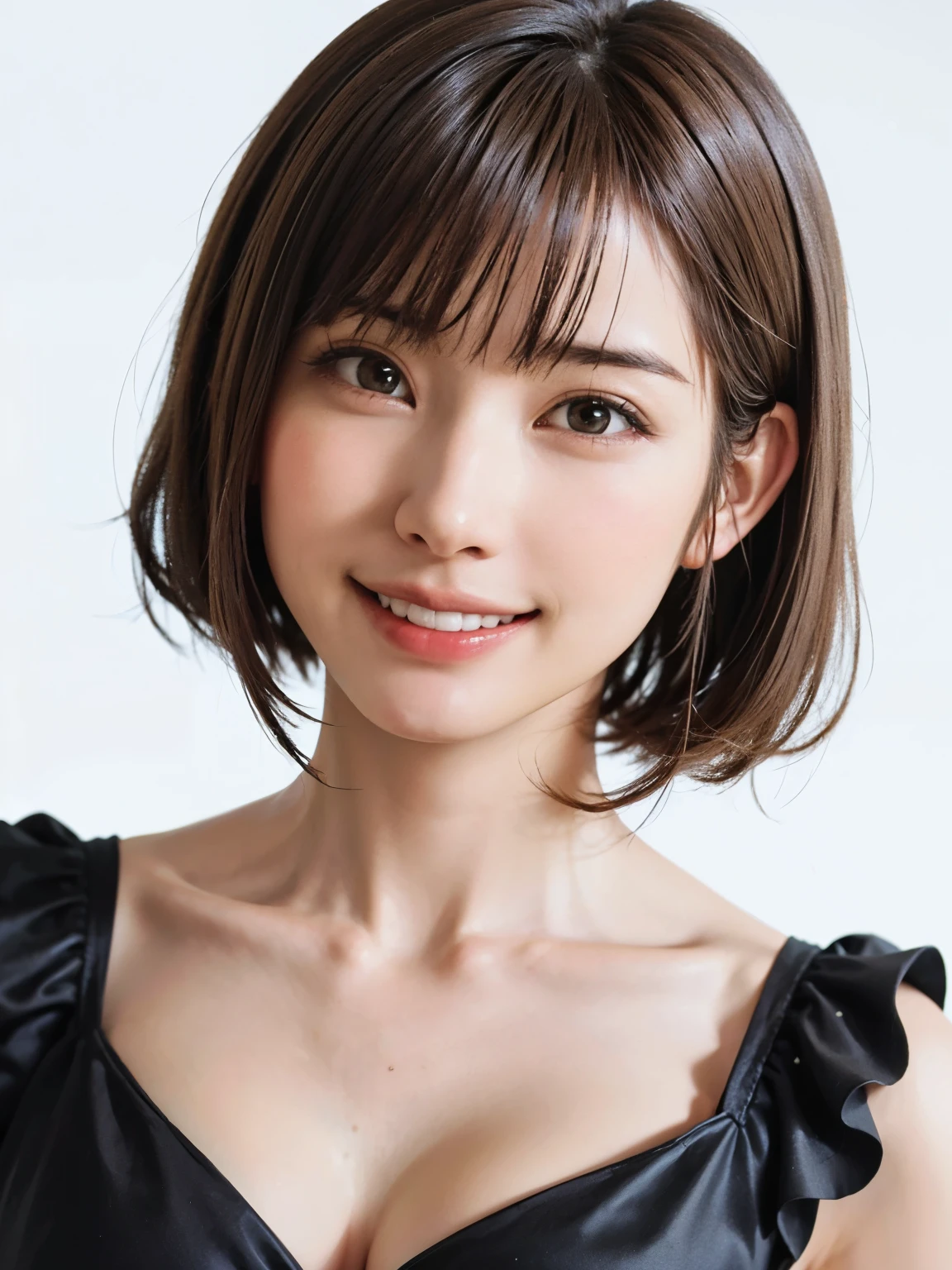 1 girl, alone, Beautiful Skin, very detaileded, ultra detaileded, Ultra-high resolution, (Photorealism:1.4), (highest quality), (Best Shadow), detailed, Perfect lighting, Black Hair:2, ((Showpiece, highest quality, High precision)), One Girl, (Realistic: 1.4), (look up at the camera even a little, カメラをlook up, look up, look up at the camera, Looking into the camera))), alone, White Background, snow-White Background, shut up., smile, pretty Black Hair:2, short hair:1.6, Big eyes, Beautiful double eyelids, eyelash, listen, Long neck, 美しいLong neck, Absolute area, ((Face close-up, short hair with bangs、Short Bob Hair:1.5、Off the shoulder)), 19 years old, Attractive proportions, Shiny skin, Beautiful clavicle, Golden ratio face, Perfect Face, Teardrop-shaped mole, Mole on chest, bangs, clean bangs, beautiful bangs, Lip gloss, Thin lips, White skin, I took off my clothes, Small face, Small face, 少し上を向いてLooking into the camera, ((smile a little for the camera, Beautiful background with vibrant paint, Listen carefully, big 胸、Dynamic Angle:1.5、Workplace Safety:2))