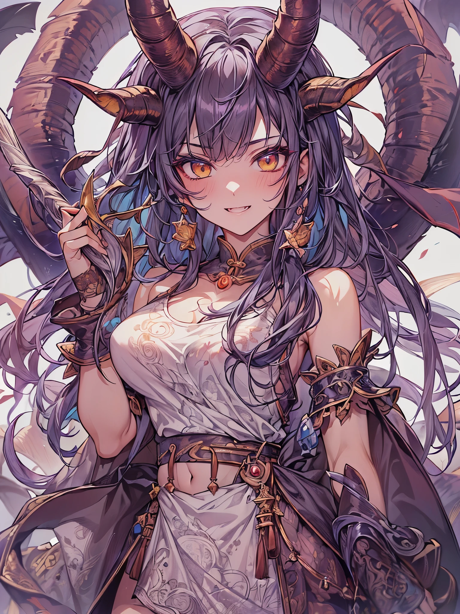 ((highest quality)),(Ultra-high resolution),(Very detailed),(Detailed Description),((The best CG)),(A masterpiece),Ultra-detailed art,Amazing drawing art,(Fantasy art with intricate detail:1.5), (Female Devil:1.6),(Beautiful and well-proportioned face:1.5),Crazy Smile:1.4,(Belt clothing is detailed:1.6,),(Large twisted goat horns:1.6), (魂を刈り取るSickle:1.7),Pale Flame:1.8,Sickle