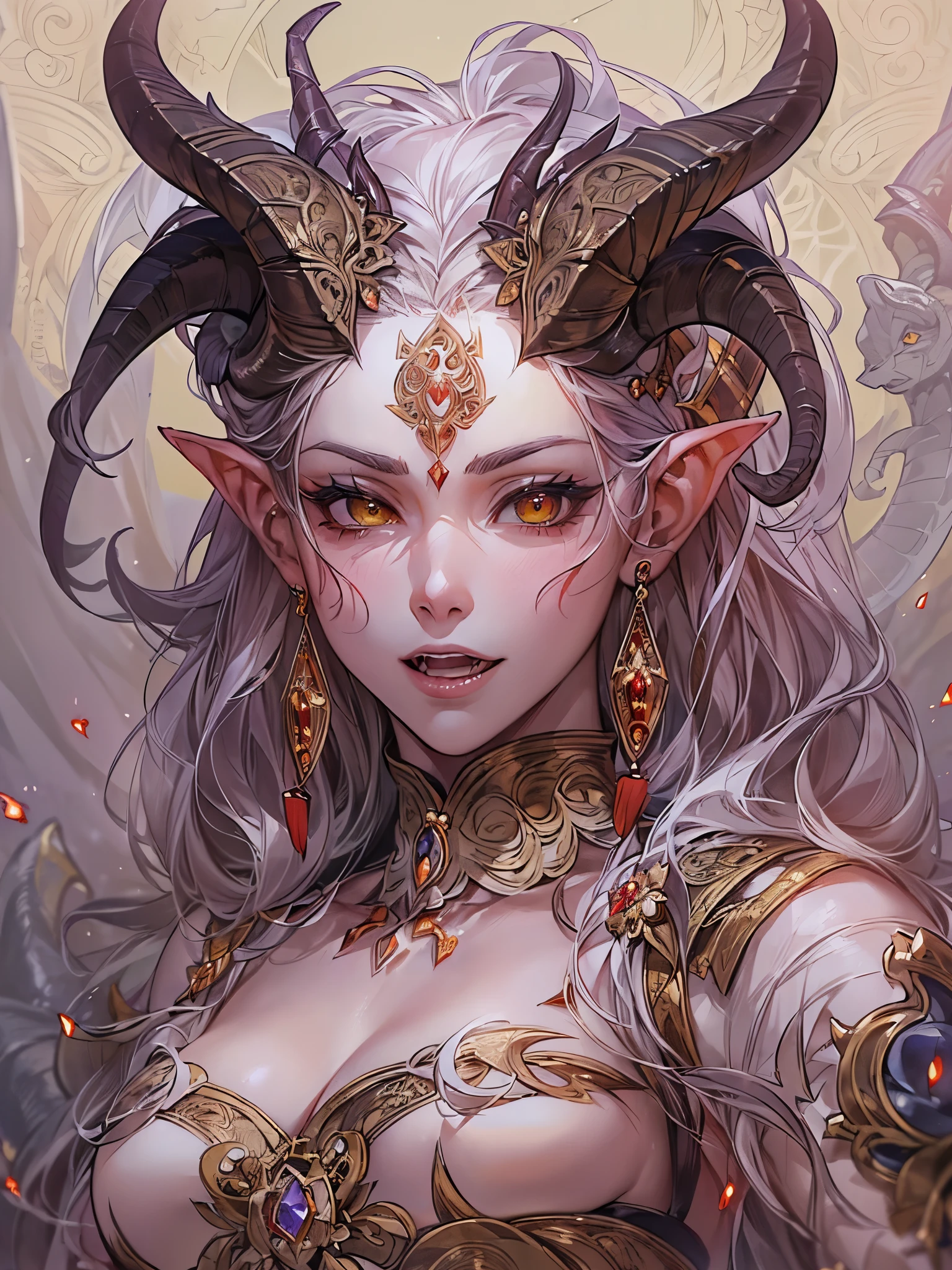 ((highest quality)),(Ultra-high resolution),(Very detailed),(Detailed Description),((The best CG)),(A masterpiece),Ultra-detailed art,Amazing drawing art,(Fantasy art with intricate detail:1.5), (Female Devil:1.6),(Beautiful and well-proportioned face:1.5),Crazy Smile:1.4,(Belt clothing is detailed:1.6,),(Large twisted goat horns:1.6), (魂を刈り取るSickle:1.7),Pale Flame:1.8,Sickle
