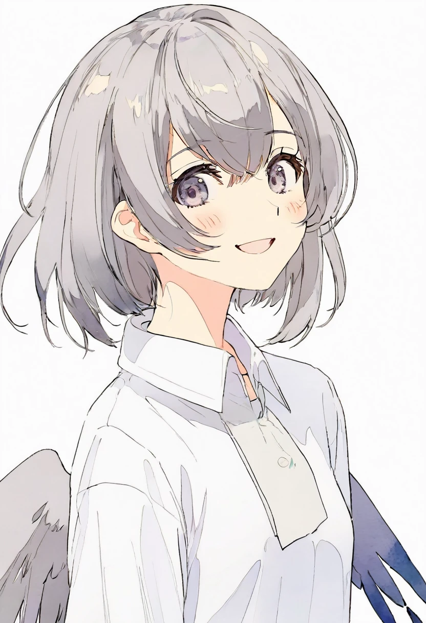 masterpiece,highest quality,One girl, 一人in, upper_body, smile, gray_eye, Ahoge, 前hair, short_hair, Eyebrow_appear_Through_hair, wing_collar, white_shirt, Looking_in_Audience, Simple_background, white_background,ephemeral,smile,watercolor,Flat Color,