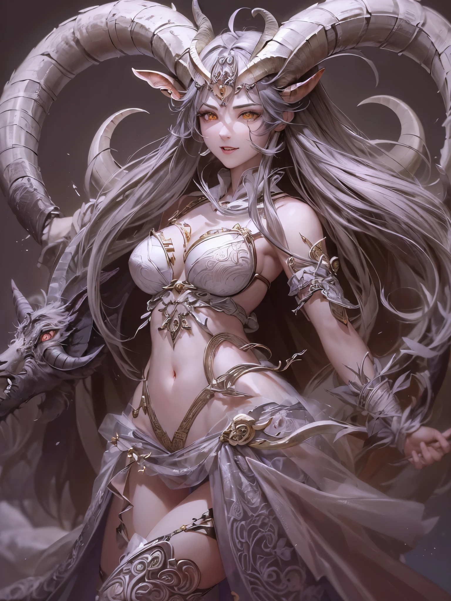 ((highest quality)),(Ultra-high resolution),(Very detailed),(Detailed Description),((The best CG)),(A masterpiece),Ultra-detailed art,Amazing drawing art,(Fantasy art with intricate detail:1.5), (Female Devil:1.6),(Beautiful and well-proportioned face:1.5),Crazy Smile:1.4,(Belt clothing is detailed:1.6,),(Large twisted goat horns:1.6), (魂を刈り取るSickle:1.7),Pale Flame:1.8,Sickle