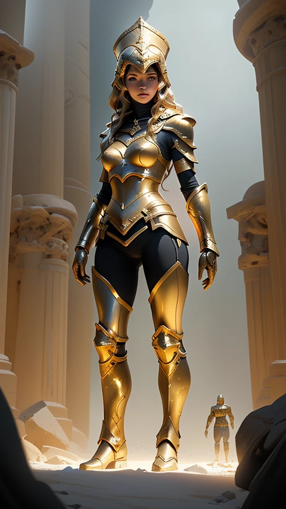 A gorgeous woman in golden armor,standing in the arena, Athena, the Greek goddess, detailed face and eyes, hyperrealistic, masterpiece, cinematic lighting, volumetric fog, epic fantasy, highly detailed, 8k, photorealistic
