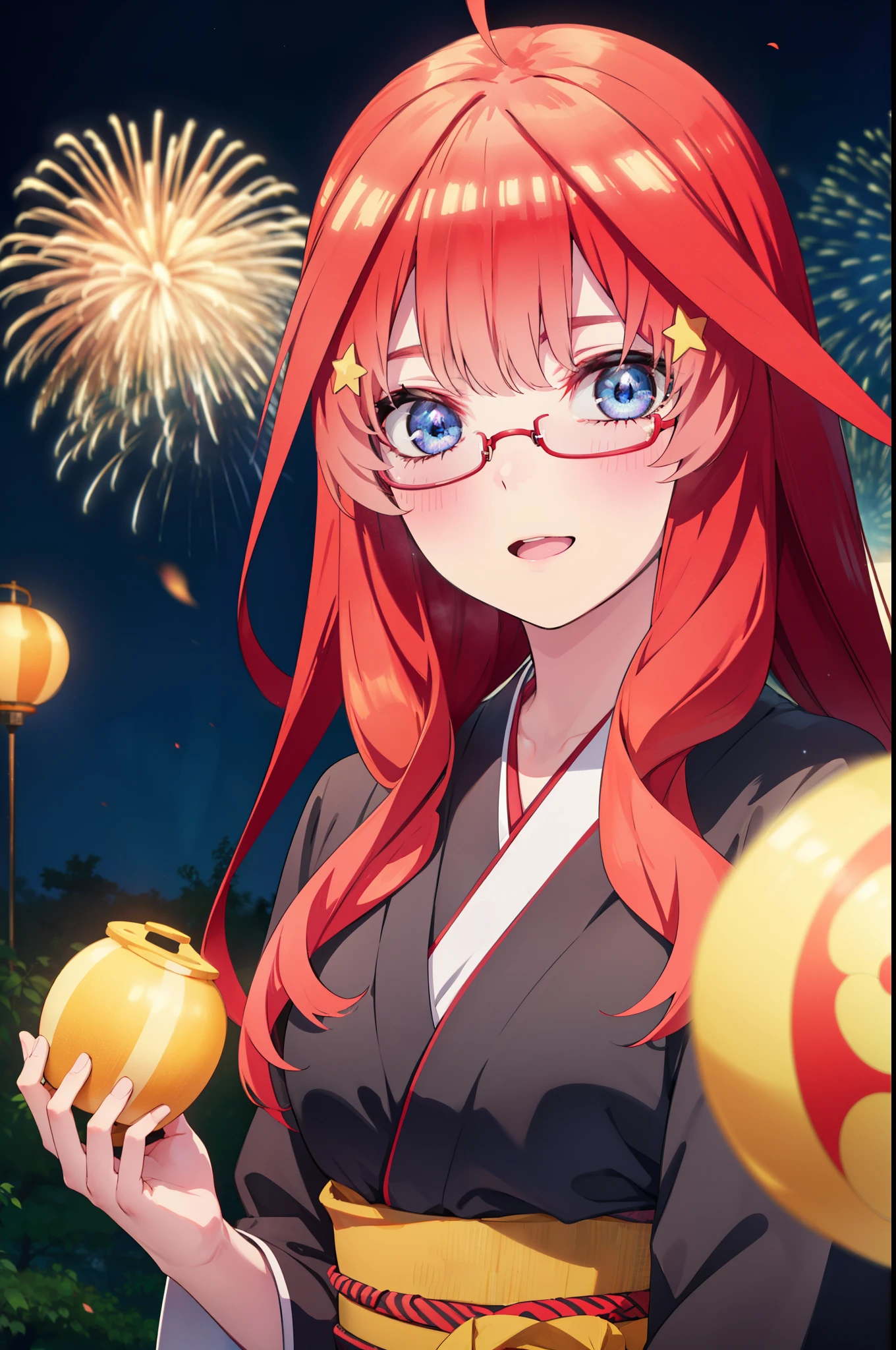 itsukinakano, Itsuki Nakano, bangs, blue eyes, Hair between the eyes, Ahoge, Redhead, star \(symbol\), hair ornaments, star hair ornaments,Akagi Glasses,smile,blush,Happy atmosphere,Open your mouth,Long Hair,Tie your hair back,red kimono,,Thick sleeves,Sandals,White tabi,night空の花火,Fireworks display,Japanese Festivals,Summer festival food stalls,Red Lantern, night,whole bodyがイラストに入るように,Looking down from above,
break outdoors, shrine,                                              break looking at viewer,whole body,
break (masterpiece:1.2), highest quality, High resolution, unity 8k wallpaper, (shape:0.8), (Beautiful and beautiful eyes:1.6), Highly detailed face, Perfect lighting, Highly detailed CG, (Perfect hands, Perfect Anatomy),