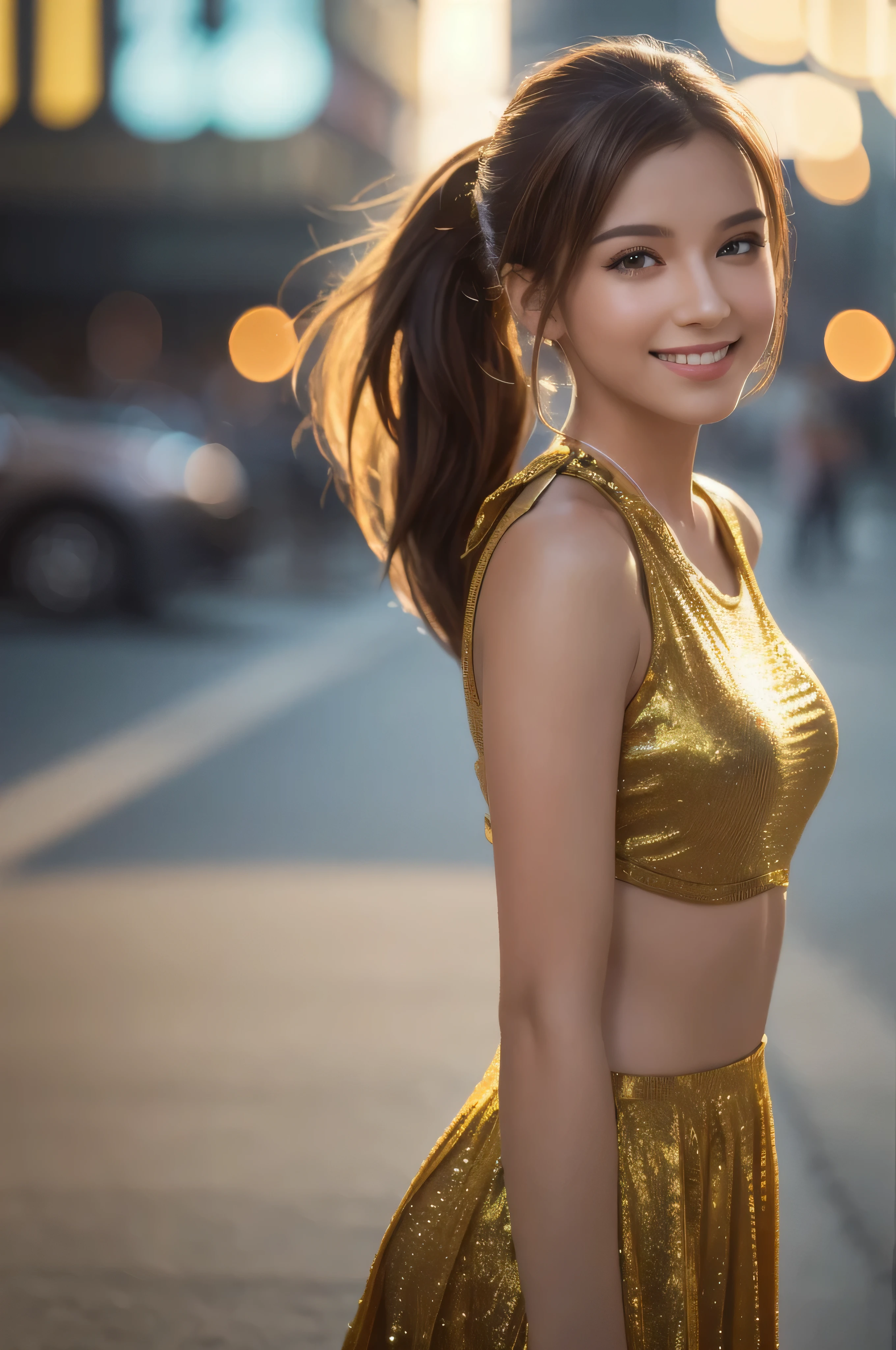 (8k, highest quality, masterpiece: 1.2), Super detailed, highest quality, Ultra-high resolution, Professional Lighting, Photon Mapping, Radio City, Physically Based Rendering, Cinema Lighting, Depth of written boundary, focus on, Sun rays, Good composition, (Bokeh: 1.2), 1 girl, (whole body), smile, Beautiful Eyes, Pause, narrow, Brown Hair, ponytail, Cheerleader,