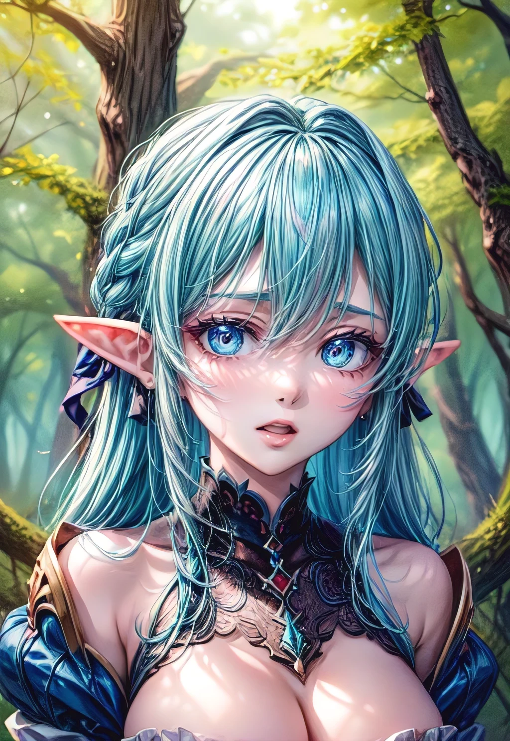 1 girl, (alone:1.3), ,((best quality)), ((masterpiece)), (detailed), perfect face, elf, young, play in the forest,  blue red hair, braid, ,sexy 
