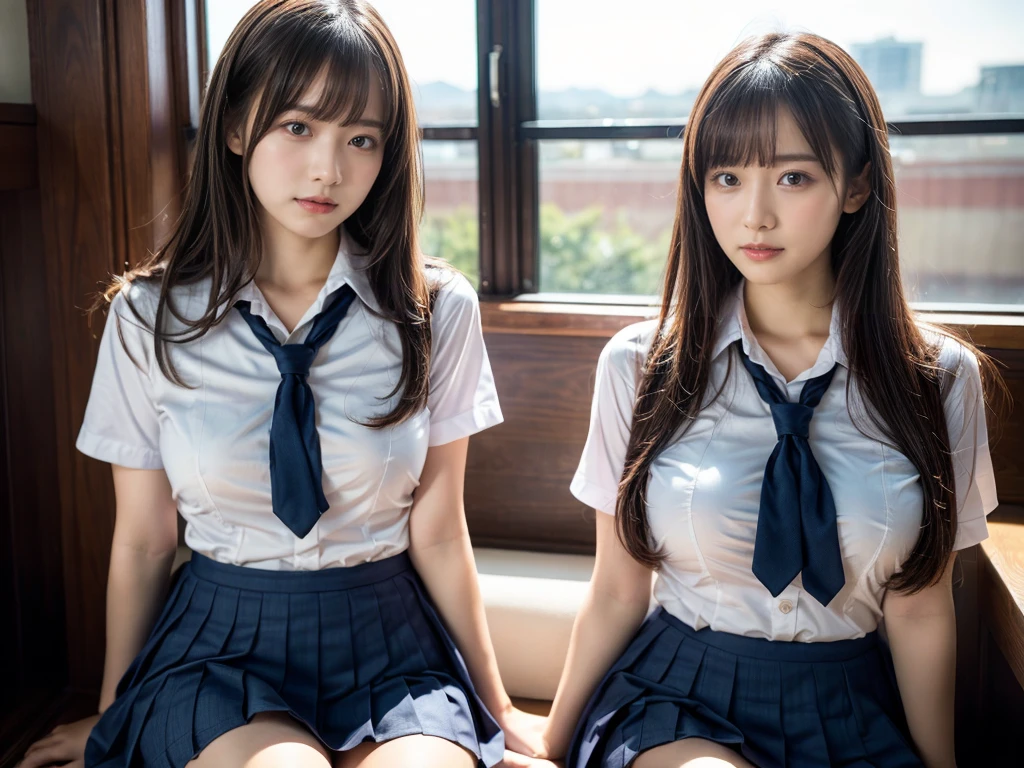 (RAW photo, 4k, masterpiece, high resolution, extremely complex) (realistic: 1.4), cinematic lighting
 ((2 girls, 2 schoolgirls)),Slam Dunk's,blushing,((innocent)),(Dark makeup),bright eyes,round eyes,blunt bangs,(straight hair:1.3),black hair,large breasts,wide hips,Summer Noon, 20 year old girl、cute type、ta,Hot, (Best Quality), (Highres), (an Extremely Delicate and Beautiful),(Beautiful 8k face),(Brown eyes),short bob hair,( spectators),(gigantic breasts),(Play with each other,Touching each other's bodies,Touching the body),(Japanese high school uniform:1.3),blue skirt,(reality),bright lighting,(The background is a luxury hotel room)
