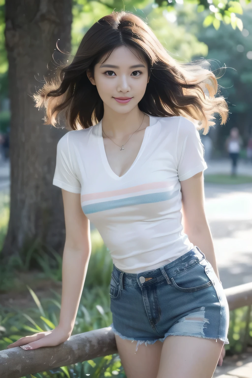 ((((top-quality))))、(((Ultra Precision CG16K Wallpapers)))、(((​masterpiece)))、(((ultra-detailliert)))、(((Ultra-extreme details)))、１Man Woman、a matural female、An 18-year-old woman、((Japanese face))、((extremely beautiful face))、((sasaki nozomi:1.5))、((Wave Perm、semi long hair:1.3))、(shinny hair)、Bangs up to the eyebrows、Beautiful brown hair、Beautiful delicate eyes、Brown eyes、raised eyebrows、lofty nose、small nostrils、small mouth、seductive lips、slightly open mouth、Beautiful breasts、C-cup size breasts、cleavage of the breast、Plump body、perfectly proportions、perfect anatomia、perfect-composition、beautiful detailed shading、Beautiful natural lighting、Beautiful detail glow、depth of fields、(((a high chroma)))、(((realisitic:1.9)))、((Vivid:1.4))、((Beautiful skin))、((Skin texture))、((Realistic skin feeling))、(((Head-to-thigh shot:1.5)))、((Frontal angle:1.5))、((a smile:1.4))、(Eyes looking at me)、Bright sunshine、(((Walking in the park:1.3)))、(Blur the background)、(((T-shirt with horizontal stripes、Denim fabric shorts wearing:1.5)))、((Wearing a necklace))、((2 arms、2 legs:1.2))、