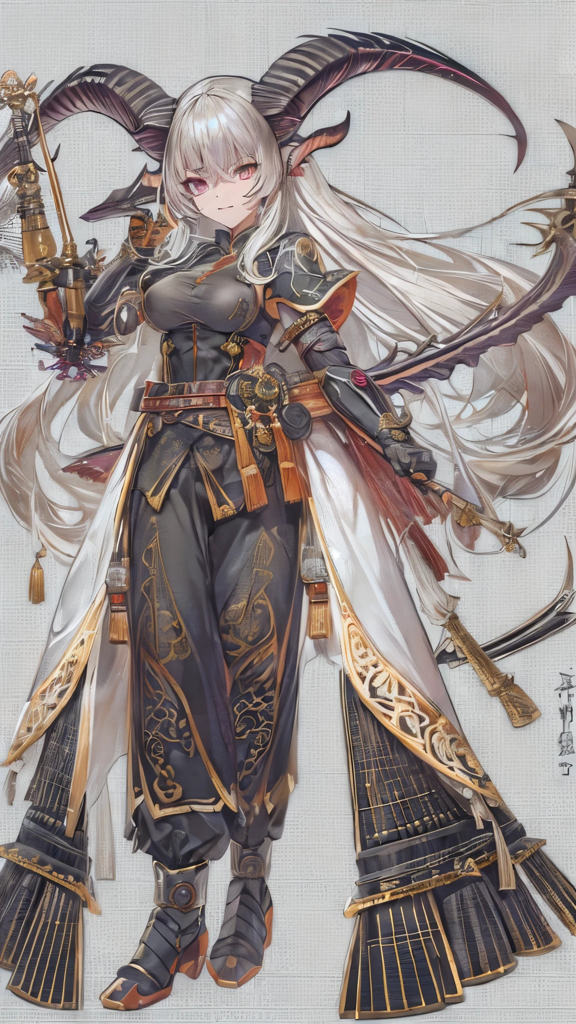 ((highest quality)),(Ultra-high resolution),(Very detailed),(Detailed Description),((The best CG)),(A masterpiece),Ultra-detailed art,Amazing drawing art,(Fantasy art with intricate detail:1.5), (Female Devil:1.6),(Beautiful and well-proportioned face:1.5),Crazy Smile:1.4,(Belt clothing is detailed:1.6,),(Large twisted goat horns:1.6), (魂を刈り取るSickle:1.7),Pale Flame:1.8,Sickle