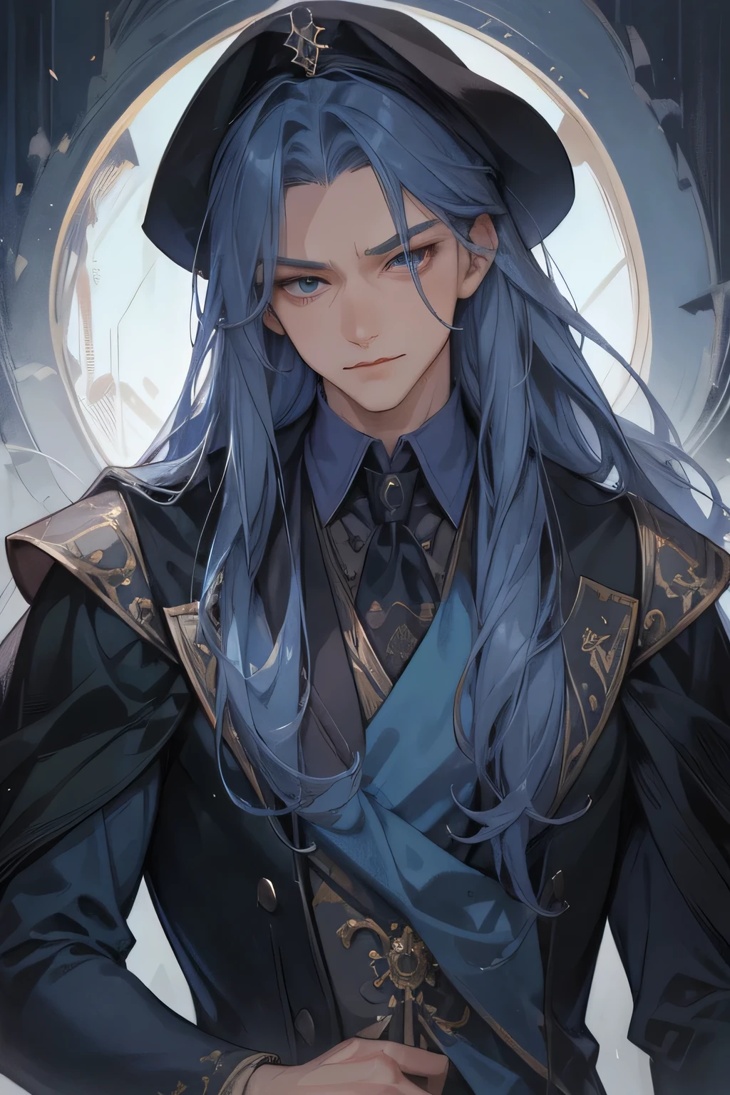 male, adult, blue long hair, blue eyes, adult face, adult, victorian suit,, chest armor, fantasy, vampire, smirk, blue wizard, big body, perfect