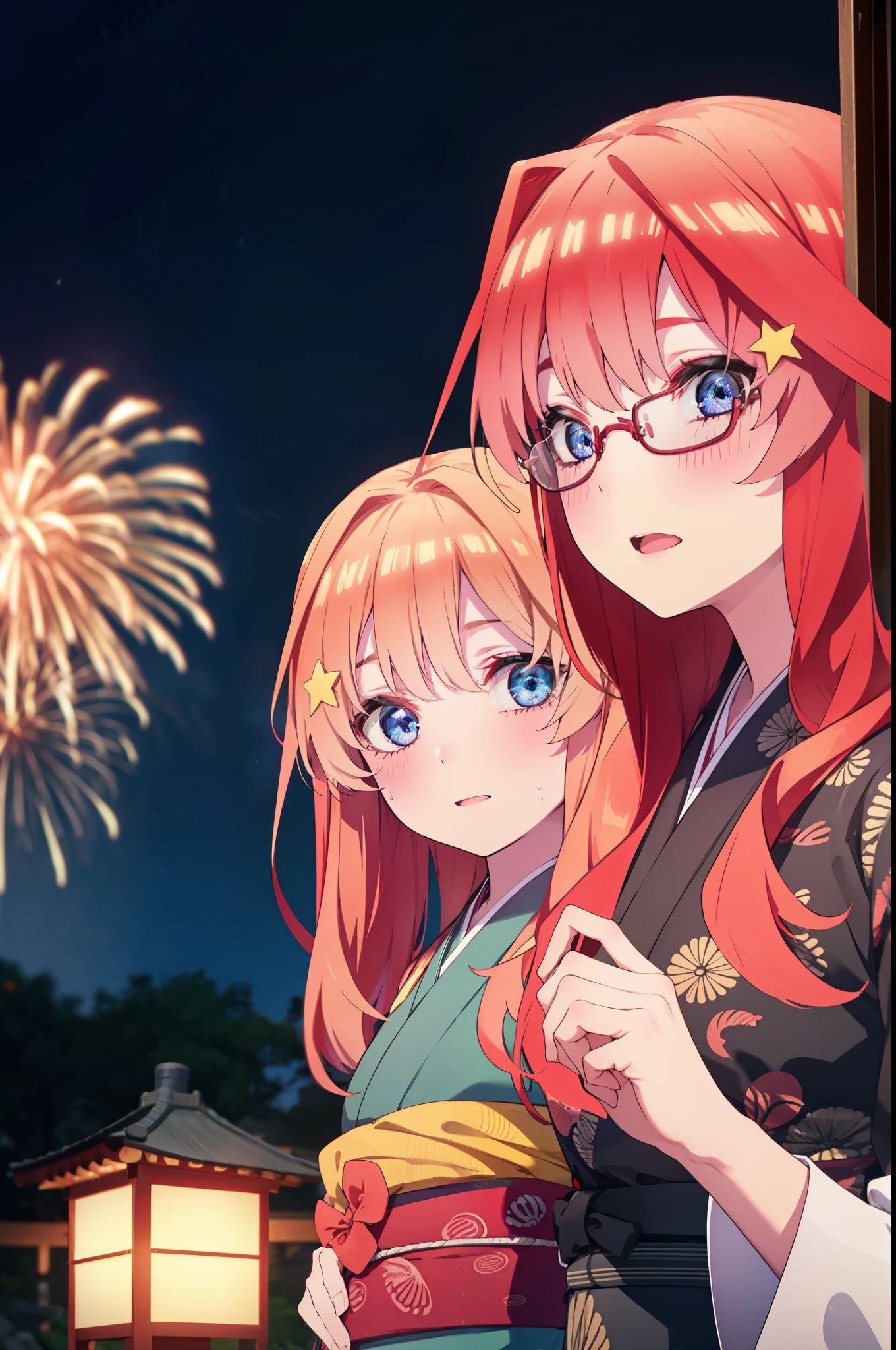 itsukinakano, Itsuki Nakano, bangs, blue eyes, Hair between the eyes, Ahoge, Redhead, star \(symbol\), hair ornaments, star hair ornaments,Akagi Glasses,smile,blush,Happy atmosphere,Open your mouth,Long Hair,Tie your hair back,red kimono,,Thick sleeves,Sandals,White tabi,night空の花火,Fireworks display,Japanese Festivals,Summer festival food stalls,Red Lantern, night,whole bodyがイラストに入るように,Looking down from above,
break outdoors, shrine,                                              break looking at viewer,whole body,
break (masterpiece:1.2), highest quality, High resolution, unity 8k wallpaper, (shape:0.8), (Beautiful and beautiful eyes:1.6), Highly detailed face, Perfect lighting, Highly detailed CG, (Perfect hands, Perfect Anatomy),
