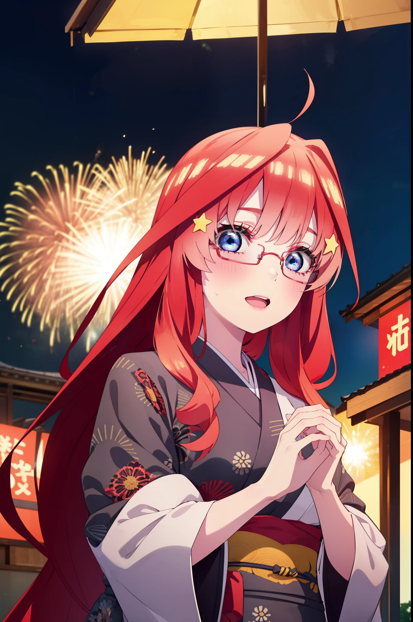 itsukinakano, Itsuki Nakano, bangs, blue eyes, Hair between the eyes, Ahoge, Redhead, star \(symbol\), hair ornaments, star hair ornaments,Akagi Glasses,smile,blush,Happy atmosphere,Open your mouth,Long Hair,Tie your hair back,red kimono,,Thick sleeves,Sandals,White tabi,night空の花火,Fireworks display,Japanese Festivals,Summer festival food stalls,Red Lantern, night,whole bodyがイラストに入るように,Looking down from above,
break outdoors, shrine, break looking at viewer,whole body,
break (masterpiece:1.2), highest quality, High resolution, unity 8k wallpaper, (shape:0.8), (Beautiful and beautiful eyes:1.6), Highly detailed face, Perfect lighting, Highly detailed CG, (Perfect hands, Perfect Anatomy),