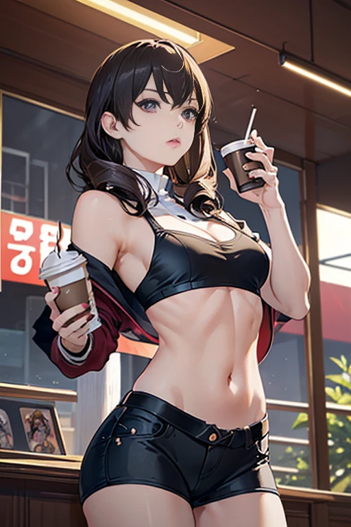 (masterpiece, Best Quality, ultra-detailed, high resolution, extremely detailed CG, official art, Professional Lighting, Perfect Anatomy, anime colors), (from below), looking at viewer, cowboy shot, perfect body, 24yo beautiful 1girl, medium hips, glamorous body,a small face,beautiful-makeup,Makeup light,Shortcut Hair,dark brown hair、Bust b Cup, Amazing Cleavage, thin waist, big ass, Raised sexy, big breast: 1.2 posed cleavage:1.2, (off shoulders,Sportsbra,legginullnude), micro denim shorts, bare legs, nail_polish, pale skin, Waiting friend, (morning:1.5), tokyo, (convenience store:1.3), outdoor, (depth of field:1.3), contrapposto, (Hold a coffee in your hand:1.3),delicate beautiful face, Bright magenta eyes, cute eyes, sparkling eyes, Big eyes, (big breasts:1.3), (perky chest:1.1), (pointed chest:1.3), looking at viewer,