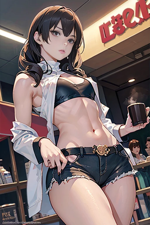 (masterpiece, Best Quality, ultra-detailed, high resolution, extremely detailed CG, official art, Professional Lighting, Perfect Anatomy, anime colors), (from below), looking at viewer, cowboy shot, perfect body, 24yo beautiful 1girl, medium hips, glamorous body,a small face,beautiful-makeup,Makeup light,Shortcut Hair,dark brown hair、Bust b Cup, Amazing Cleavage, thin waist, big ass, Raised sexy, big breast: 1.2 posed cleavage:1.2, (off shoulders,Sportsbra,legginullnude), micro denim shorts, bare legs, nail_polish, pale skin, Waiting friend, (morning:1.5), tokyo, (convenience store:1.3), outdoor, (depth of field:1.3), contrapposto, (Hold a coffee in your hand:1.3),delicate beautiful face, Bright magenta eyes, cute eyes, sparkling eyes, Big eyes, (big breasts:1.3), (perky chest:1.1), (pointed chest:1.3), looking at viewer,