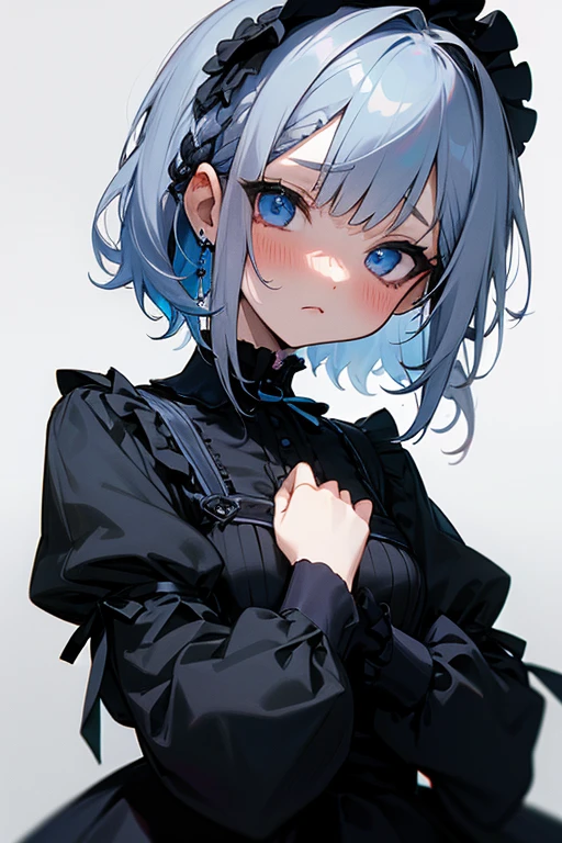 Short white hair, blush, Gothic Lolita、Punk Fashion、Headbang 2.、Blue and black clothes、Braiding、2 hair clips